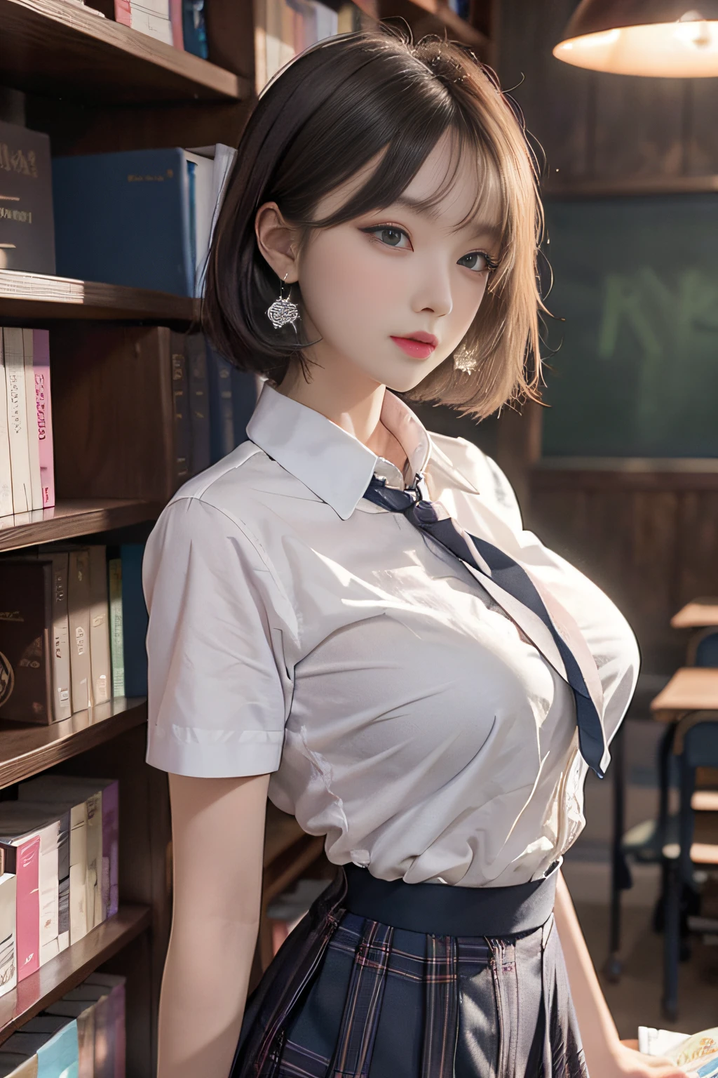 Best image quality, RAW photo, super high resolution, taken from the side, gentle smile, Korean, very big breasts, tie, ribbon, school uniform, collared shirt, school uniform shirt, plaid skirt, fair skin, shiny white skin, short bob, bright silver hair, bright gray hair, neatly aligned bangs, beautiful eyes, beautiful eyes of random colors, very thin lips, beautiful eyes with details, Elongated eyes, pale pink blush, long eyelashes, beautiful double eyelids, eyeshadow, earrings, night school, dimly lit library at night, standing next to a bookshelf