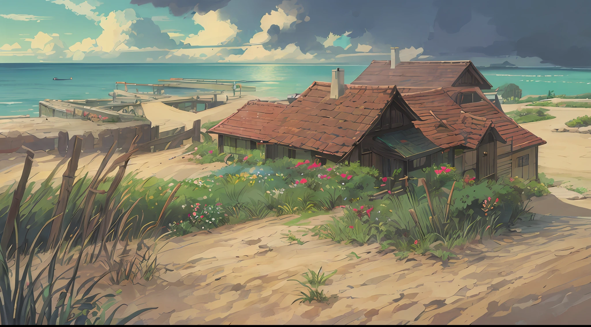 Very healing seaside view, (sun), (sand), (plants)