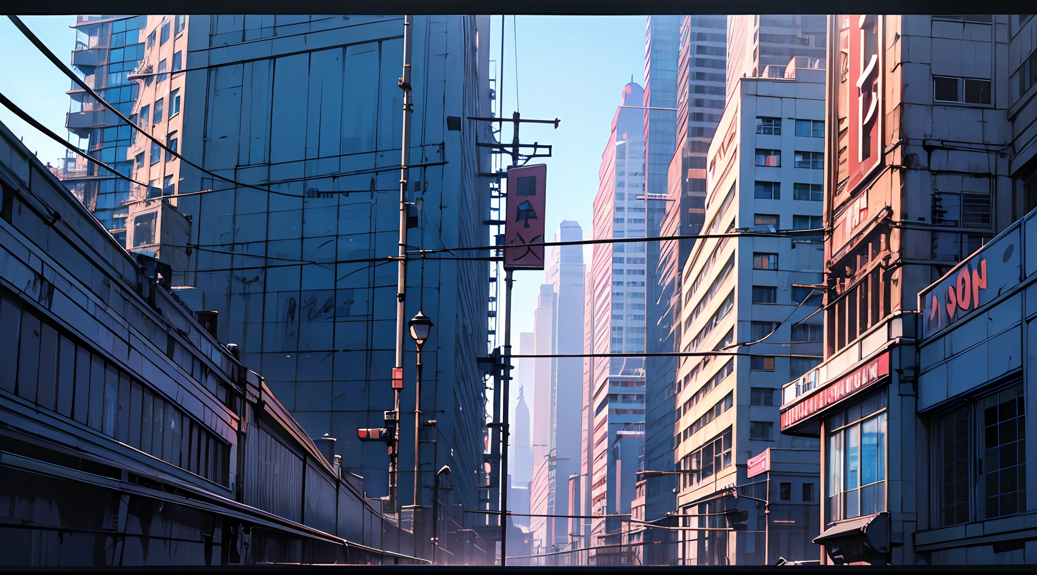 (scenery, outdoor, sky:1.2), masterpiece, best quality, beautiful face, 8k, absurdres, (metal signs:1.2), cables, pole, guardrails, from above, perspective, depth of field, HDR, (bleach bypass, ginnokoshi:0.8), cinematic lighting, professional lighting, very dark landscape shadows, high contrast, sharp focus, highres, photography, hyperrealistic, ultra detailed, sharp details, finely detail, storefront, clean streets, skyscrapers