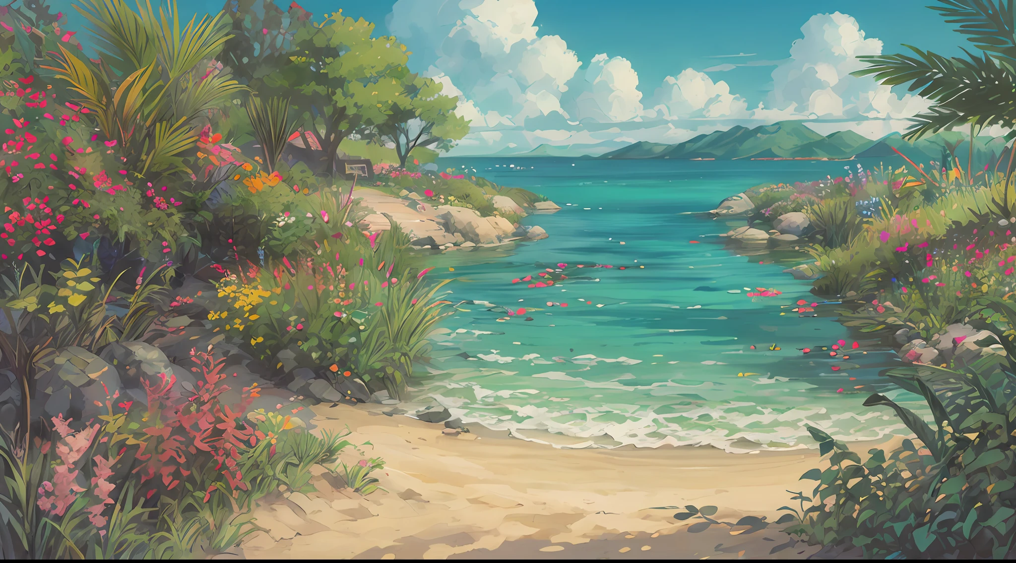 Very healing seaside view, (sun), (sand), (plants)