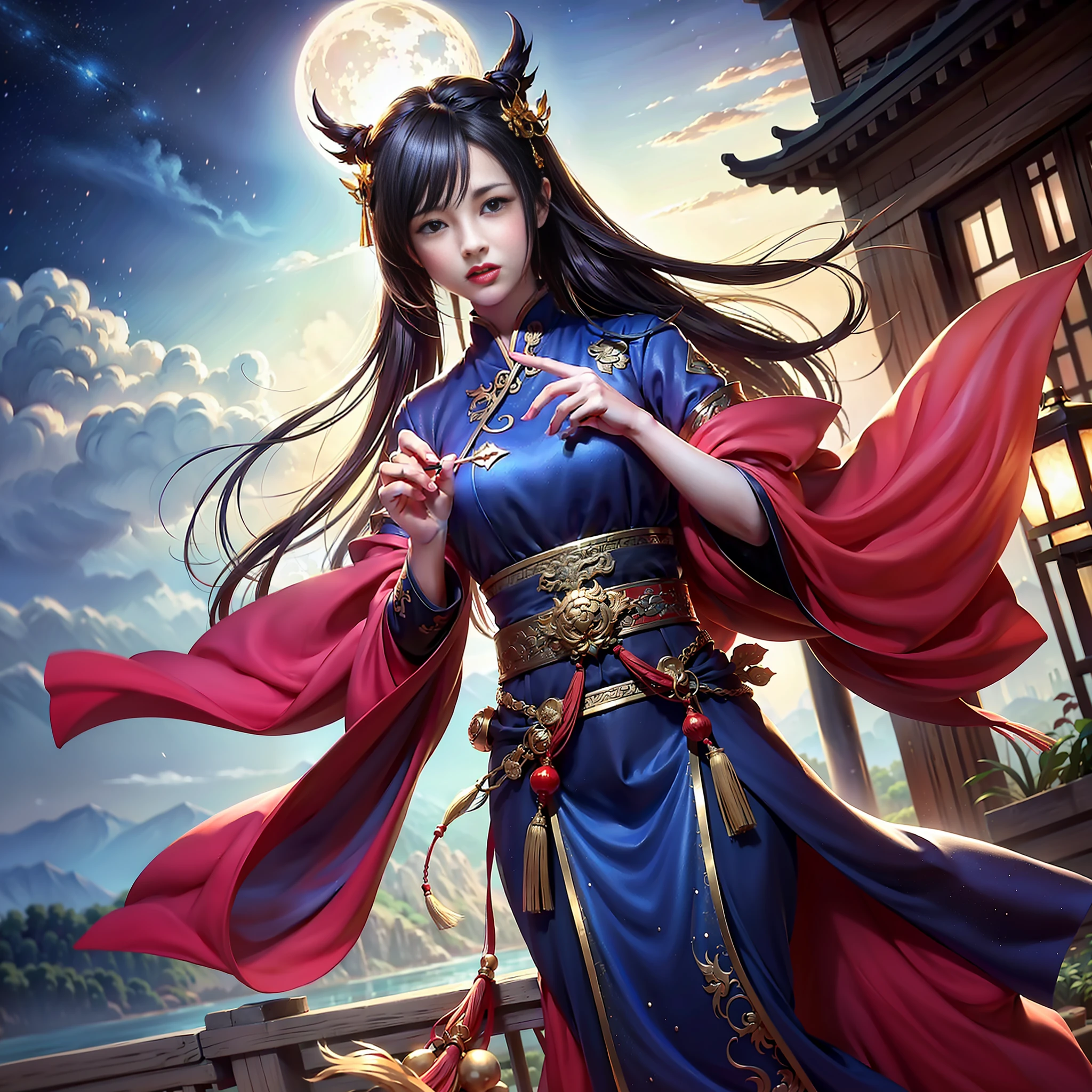 (8k, RAW photo:1.2), best quality, ultra high res,dramatic angle,(fluttered detailed color splashs), (illustration),(((1 girl))),(long hair),(rain:0.9), (头饰:1.4),少女身边有一座古宫,汉服,(重点),彩色水墨画,(泼彩),泼彩,(((colorful))),(素描:0.8) , Masterpiece, best quality, beautiful painted, highly detailed,(denoising:0.6),[splash ink],((ink refraction)), (beautiful detailed sky),moon,highly,detaild,(masterpiece, best quality, extremely detailed） CG unity 8k壁纸，杰作，最好的质量，超详细），（石蒜），