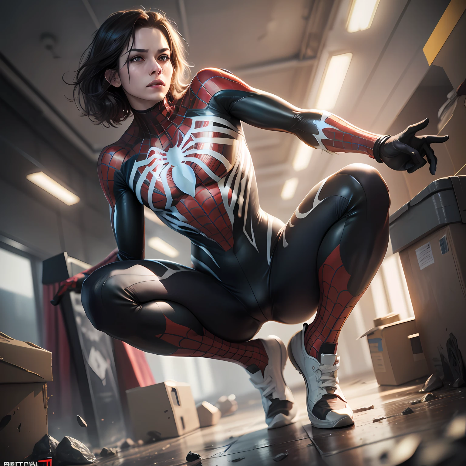 spider - man in a black and red suit crouches down, ( ( spiderwoman ) ), lara croft as spiderwoman, spider woman, inspired by Marek Okon, trending on artstation hd, highly detailed exquisite fanart, by Jason Chan, ultra realistic concept art, trending on artstation 4k, wojtek fus, photorrealistic concept art, stunning character art