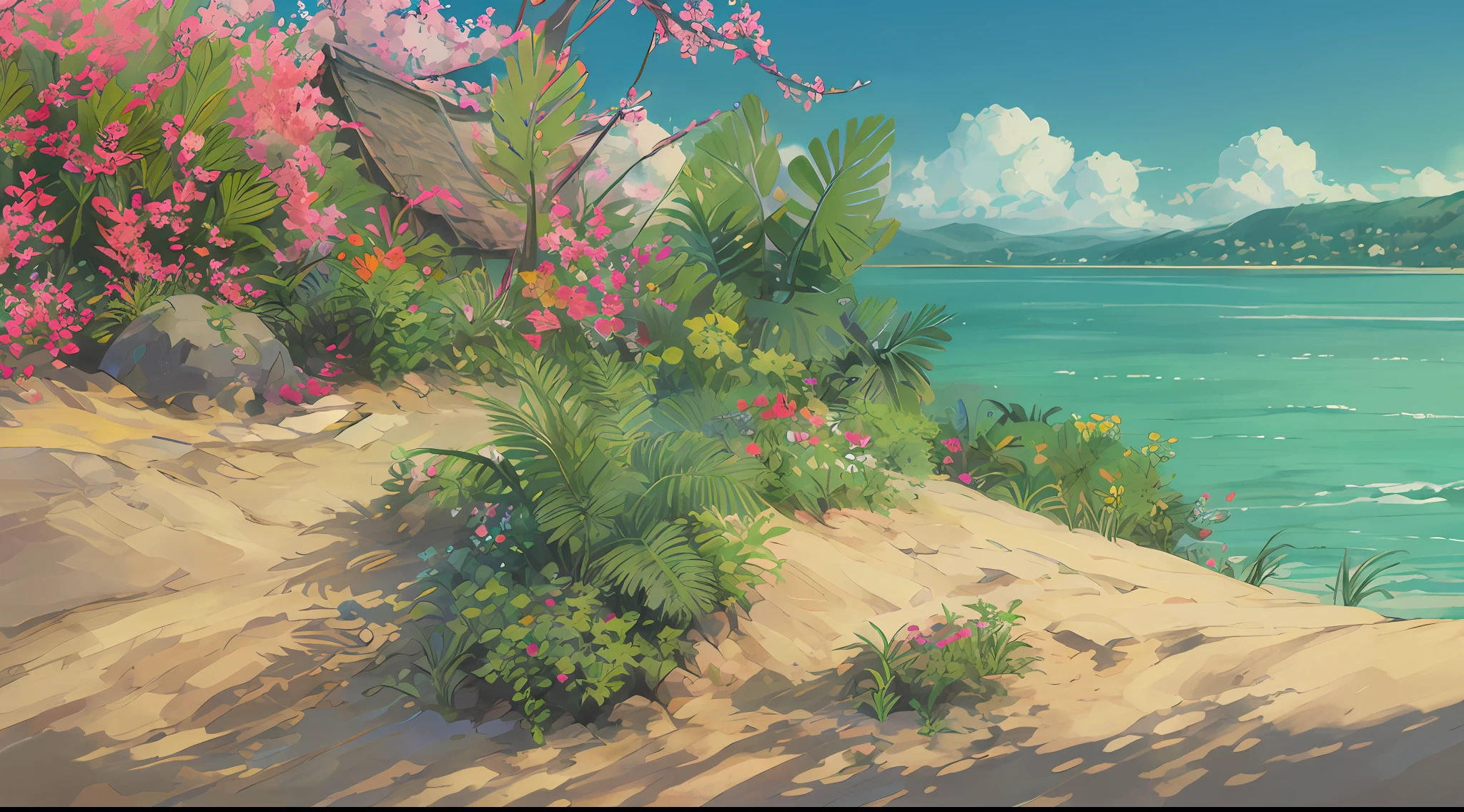 Very healing seaside view, (sun), (sand), (plants)
