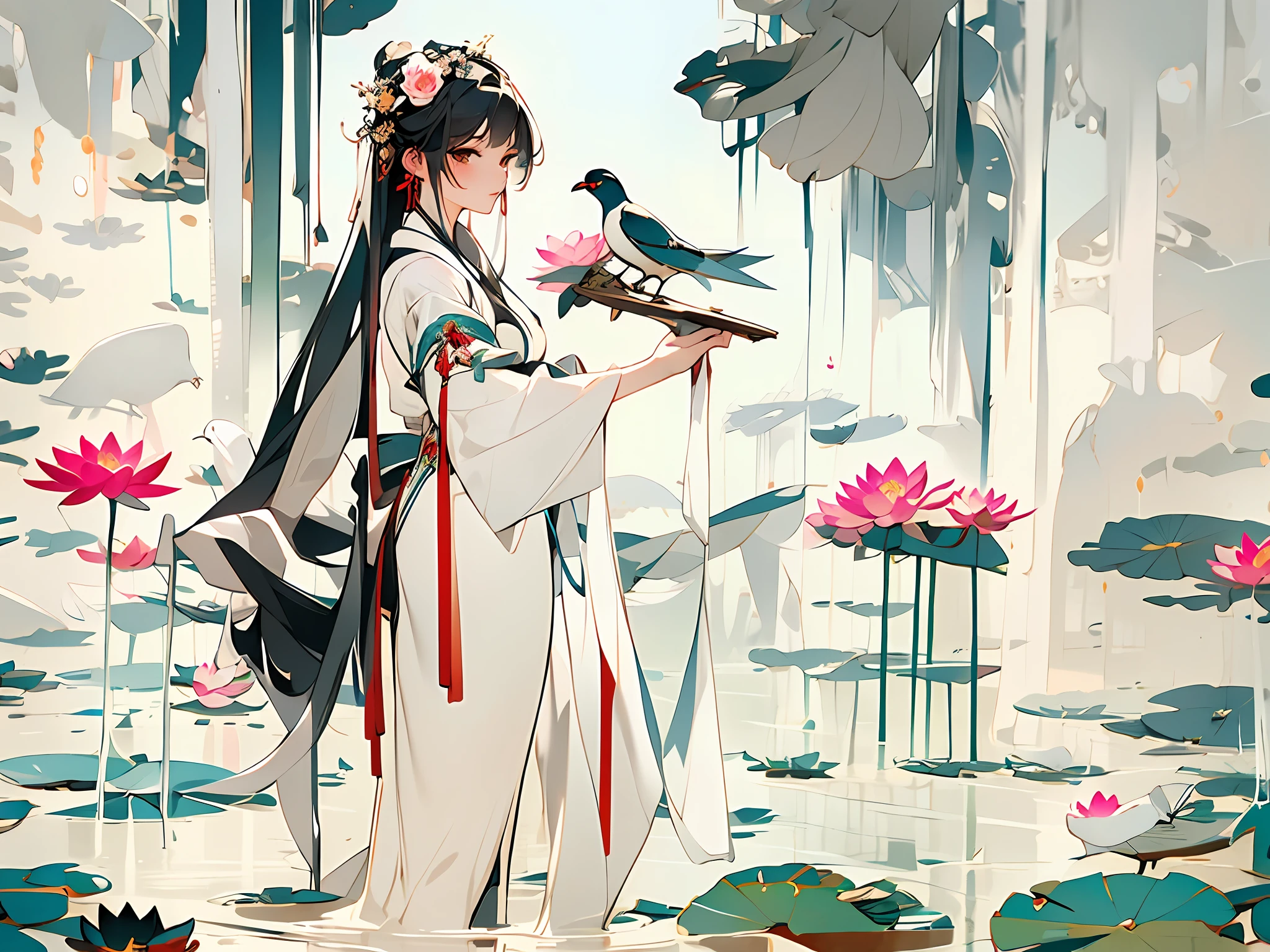 zanhua, Best quality, masterpiece, 1 girl, holding flower, red flower on head, wearing hanfu, in red and white, looking at viewer, bird, flower, black hair, ((lotus)), solo, hair ornament, water, reflection, daylight, cinematic light,