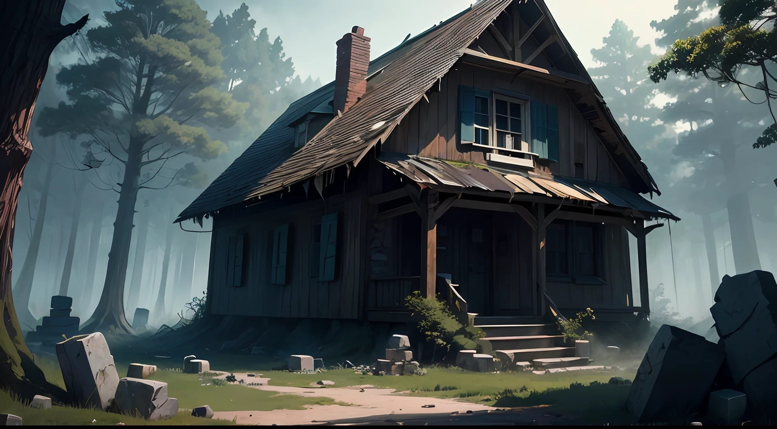 a shadowy house falling apart in the middle of a forest with several pieces of rectangular stones stuck in the ground, monsters passing by