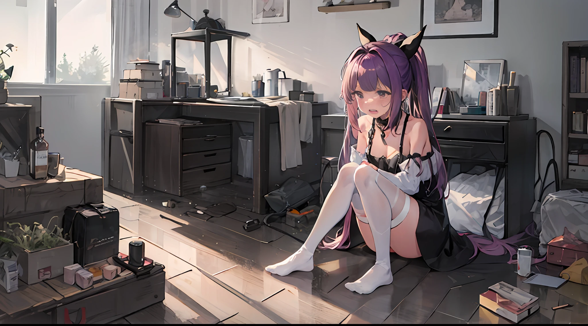 masterpiece,1girl,solo, purple hair, metal collar, tears,cry,tearing up, white legwear, chain leash,bent over, high ponytail, center opening:1.2,torn clothes, ahegao, wet,chains,torn legwear, torn clothes, bare shoulders,