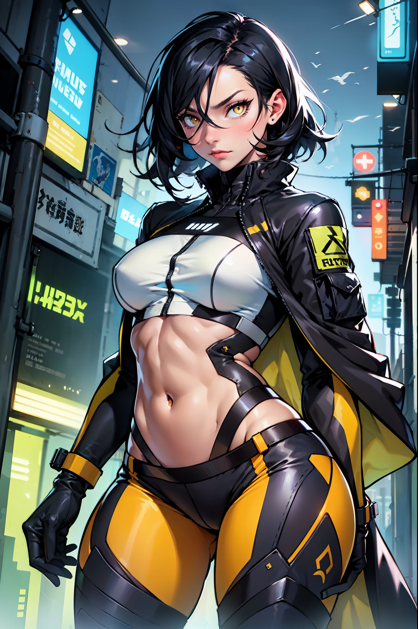 A woman, hacker, rebellious, athletic body, wearing futuristic tactical clothing and a black cape, short black and unkempt hair, yellow eyes, in a marginal futuristic city