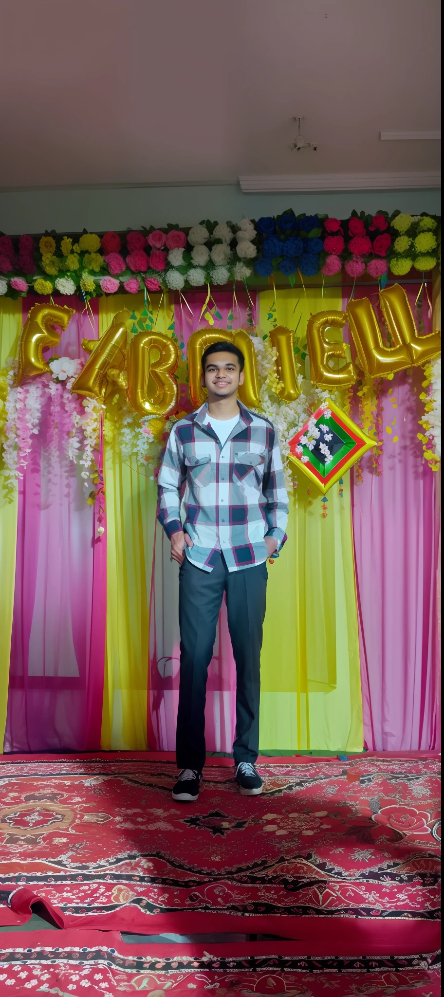araffe standing in front of a stage with balloons and flowers, background is heavenly, full body photogenic shot, very very low quality picture, around 1 , he is about 2 5 years oldof white back drop, full body picture, he is! about 3 0 years old, he is about 20 years old