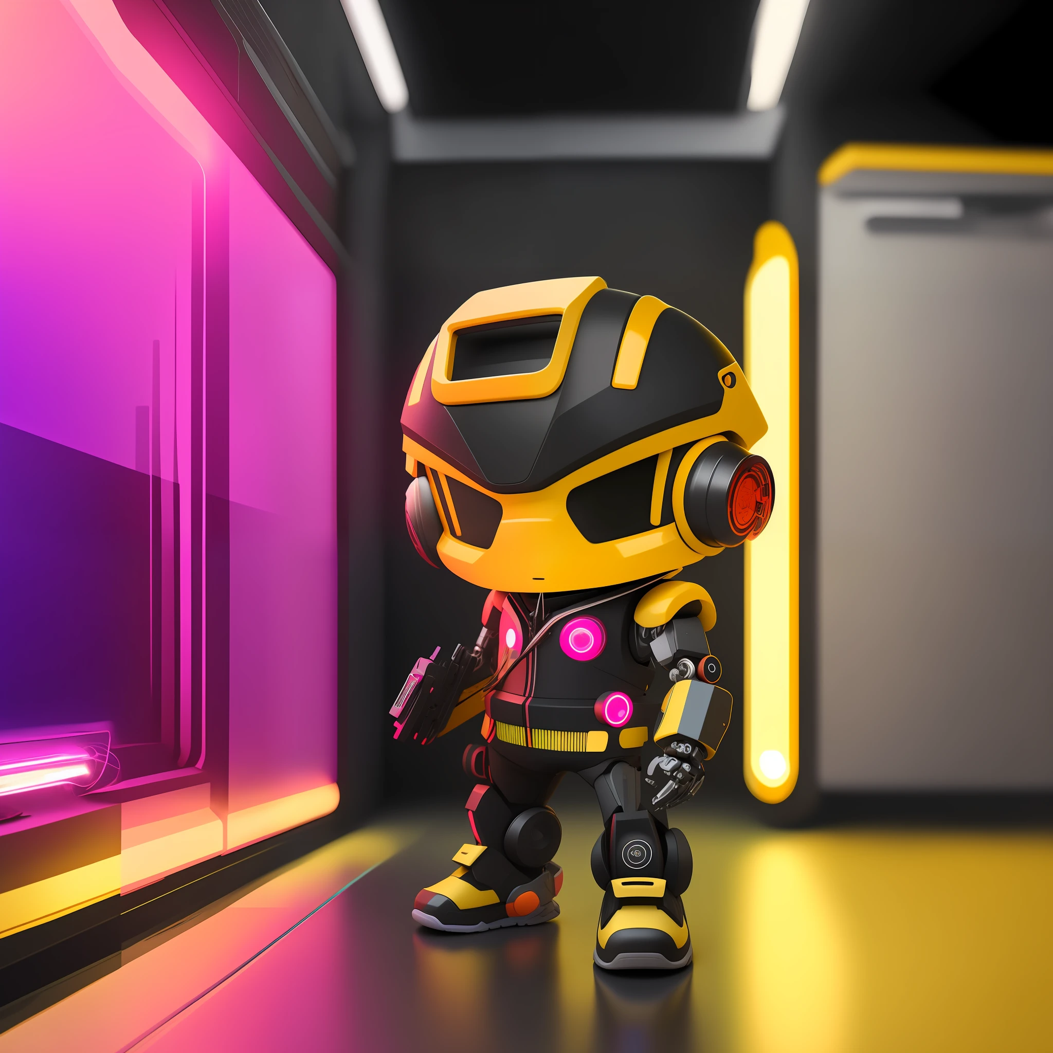 mechanical cyborg, chibi boy, resin mockuP, complex details, looking at the viewer, bored pose, full body, black background, super fashionable, with yellow hair, bored face, robotic arms, holding black mecha weapons, wearing black bulletproof jacket, and black orange nike functional shoes, light neon lines in shorts and jacket shoes, fine gloss, clay material, popmart style, cyberpunk, ip by popmart, mockup blind box, studio light, front view, 3d rendering, c4d, octane render, blender, hyper quality, ultra hd, ultra high detail, 8k,