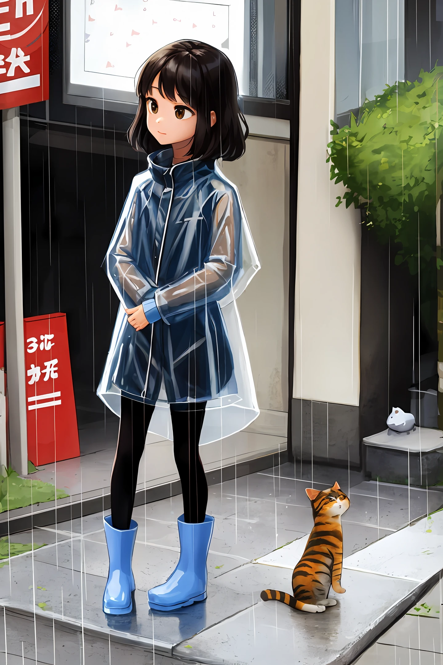 Clear raincoat rain boots, little girl, tanuki cat