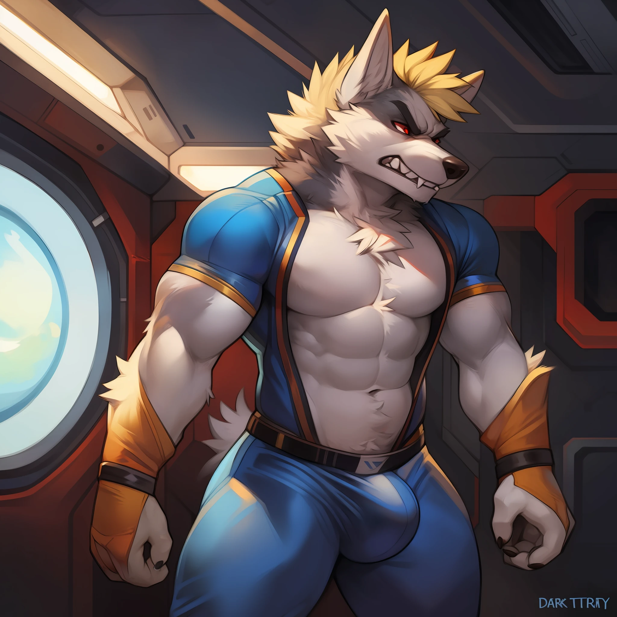 Solo, male, standing, bulge, detailed bulge, detailed crotch, wolf, canine, tall ears, snout, long snout, wide snout, angry, snarling, fangs, sharp teeth, grey fur, grey body, red eyes, detailed eyes, blonde hair, short hair, angry, furrowed brow, muscular, biceps, strong, tall, big arms, detailed hands, by glitter trap boy, by darkgem, blue spacesuit, spaceship, window, asteroid belt, blue sun