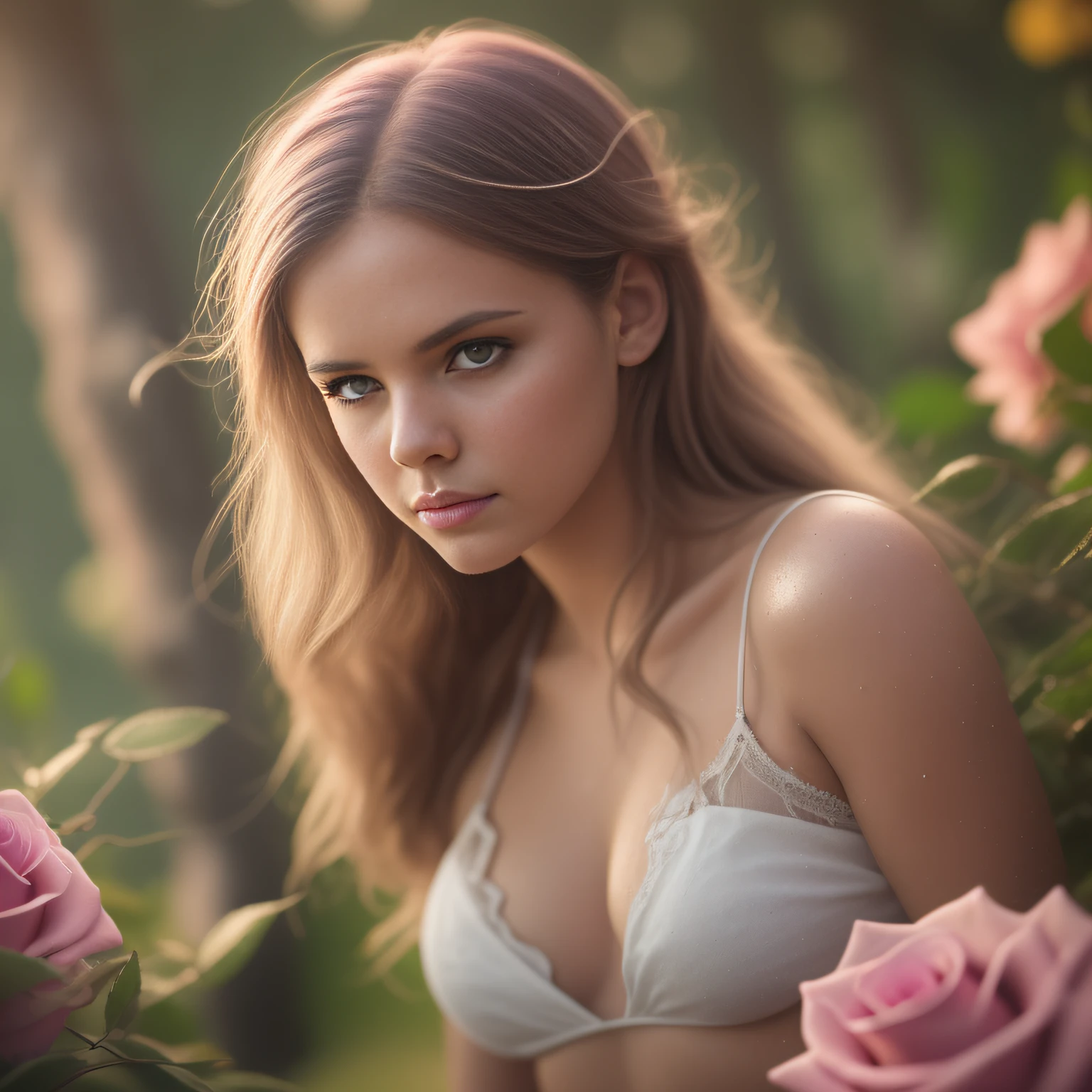 stunning midsummergirl, princess, sweaty, sunlit, dripping, skimpy, leaning back, 8K,Best quality, masterpiece, ultra high res, (photorealistic:1.4), raw photo, (Authentic skin texture:1.3), (film grain:1.3), 1girl, beautiful detailed eyes and face,masterpiece, best quality, cottoncandy land, curvy beauty, style of Carne Griffiths and david hamilton, ripped jeans, pastel dreamy light, bathing in backlighting, opening buttons, sunrays, petals falling, roses, fog, haze, sunlit, in attic covered in flowers and petals, godrays, cozy, morning dew, backlighting, hazy, golden hour, morning light, erotic mood, countryside, masterpiece, best quality, ultra-detailed, solo, smoke, shadows, contrast, cinematic light, side lighting, ultra high resolution, best shadow, RAW, 4k, ultra-realistic style, detailed face, colofUnreal Engine 5, Cinematic, Color Grading, portrait Photography, Ultra-Wide Angle, Depth of Field, hyper-detailed, beautifully color-coded, insane details, intricate details, beautifully color graded, Unreal Engine, Cinematic, Color Grading, Editorial Photography, Photography, Photoshoot, Shot on 70mm lens, Depth of Field, DOF, Tilt Blur, Shutter Speed 1/1000, F/2