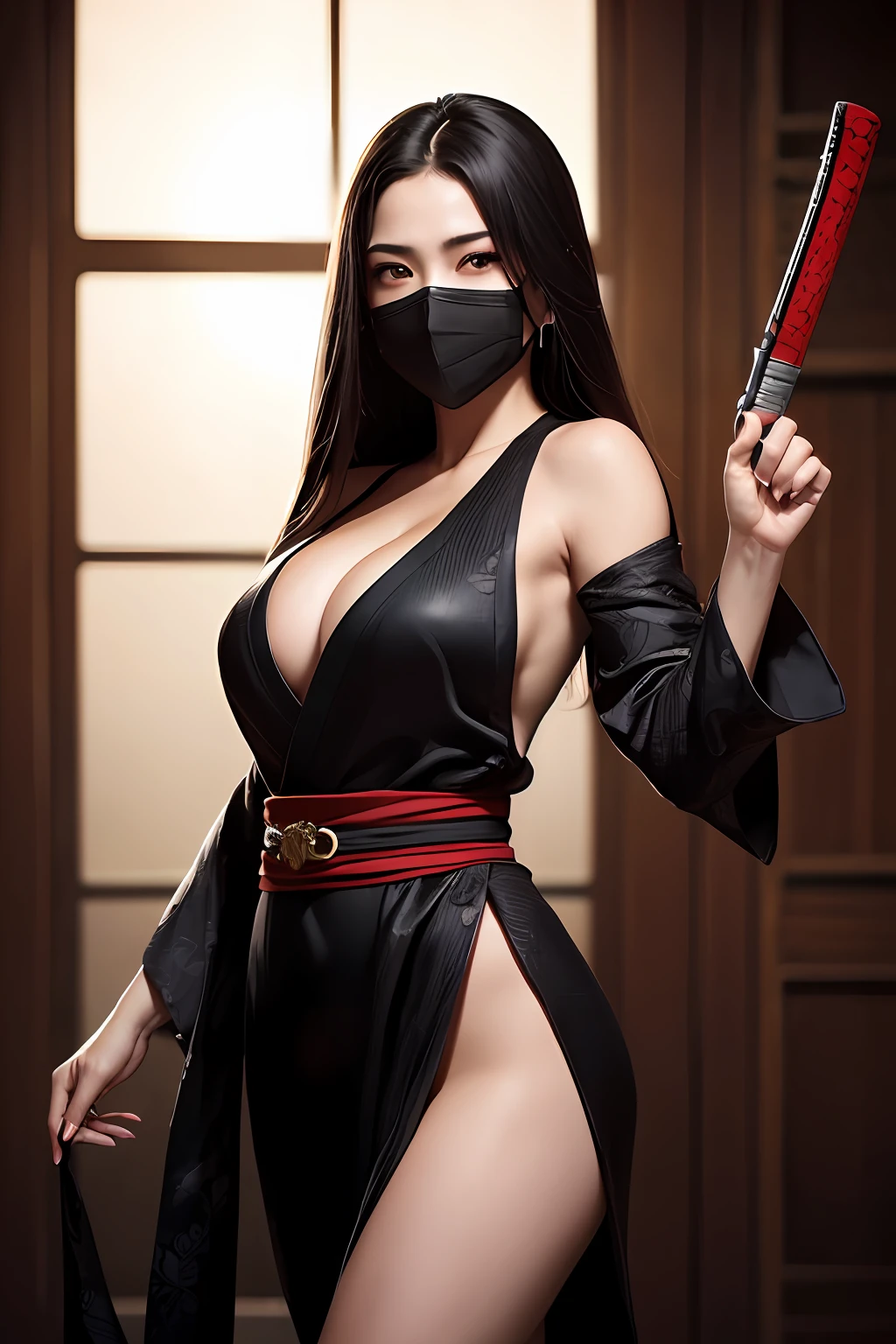 high quality fingers, normal hands, detailed fingers, masterpiece, (realistic, photo-realistic: 1.37), realistic, 1girl, long hair:1.5, black hair:1.2, red eyes:1.5, bright eyes, mortal kombat, ninja, blood, scar, weapons, kimono, dress, mortal kombat costume, large breasts, fighting pose, serene look, temple, meditation, injuries, mask, face mask, eyes to the sky