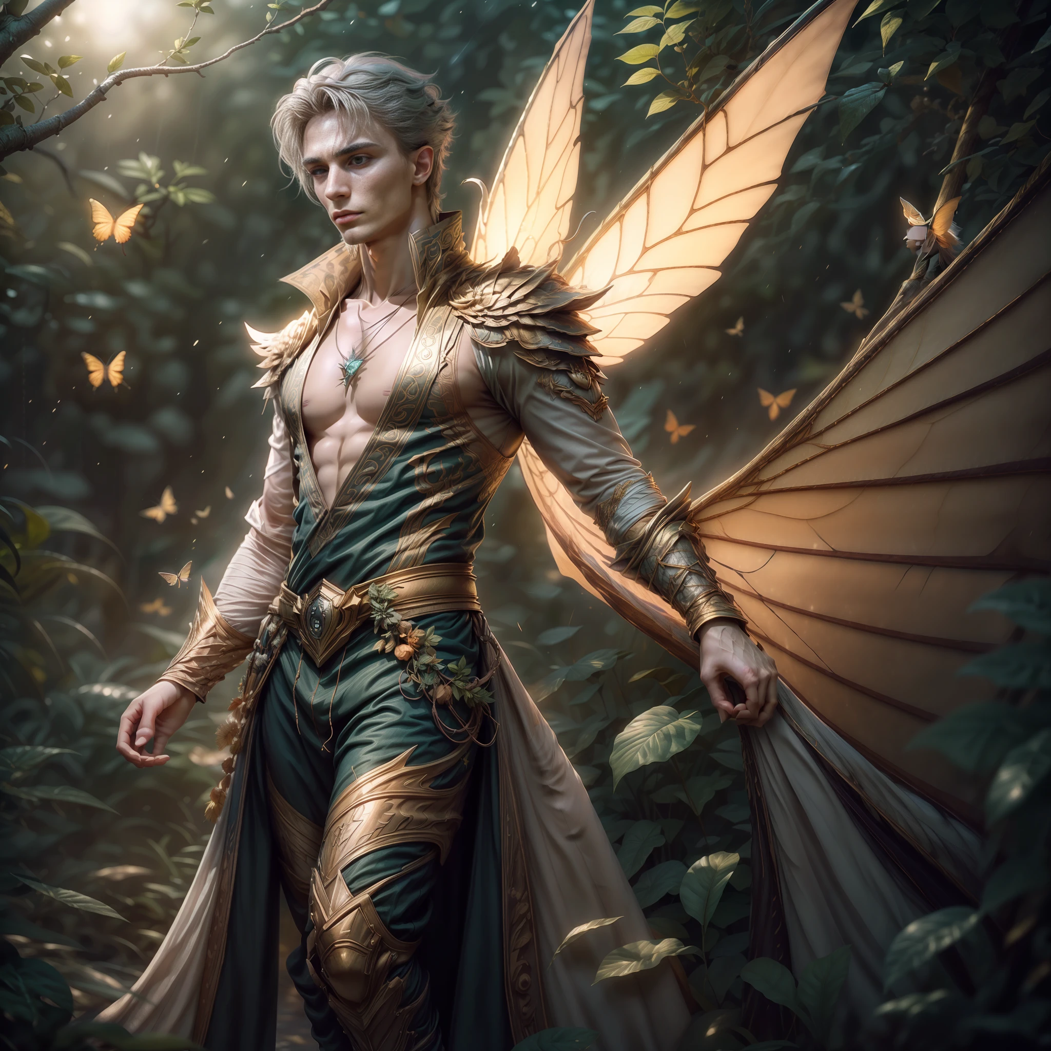 Beautiful male male fairy outfit, long clothes, full body, with orange and gold details, large wings, with butterflies flying through the nose, branches of plants rising up the cheekbones, delicacy, beauty, full body, lush vegetation blurred background, vibrant colors, lush light, soft light, sunset light, smooth light, symmetrical, full body, reflections, dynamic HDR lighting, 8k resolution, cinematic film, smooth, sharp focus, realistic, strobe light beams, ((blurred background)):1.7, (((depth of field)) ):1.8, cinestill 800t 35mm, high quality, heavy grain, high detail, cinematic composition, dramatic light, anamorphic, ultra wide lens, hyperrealistic