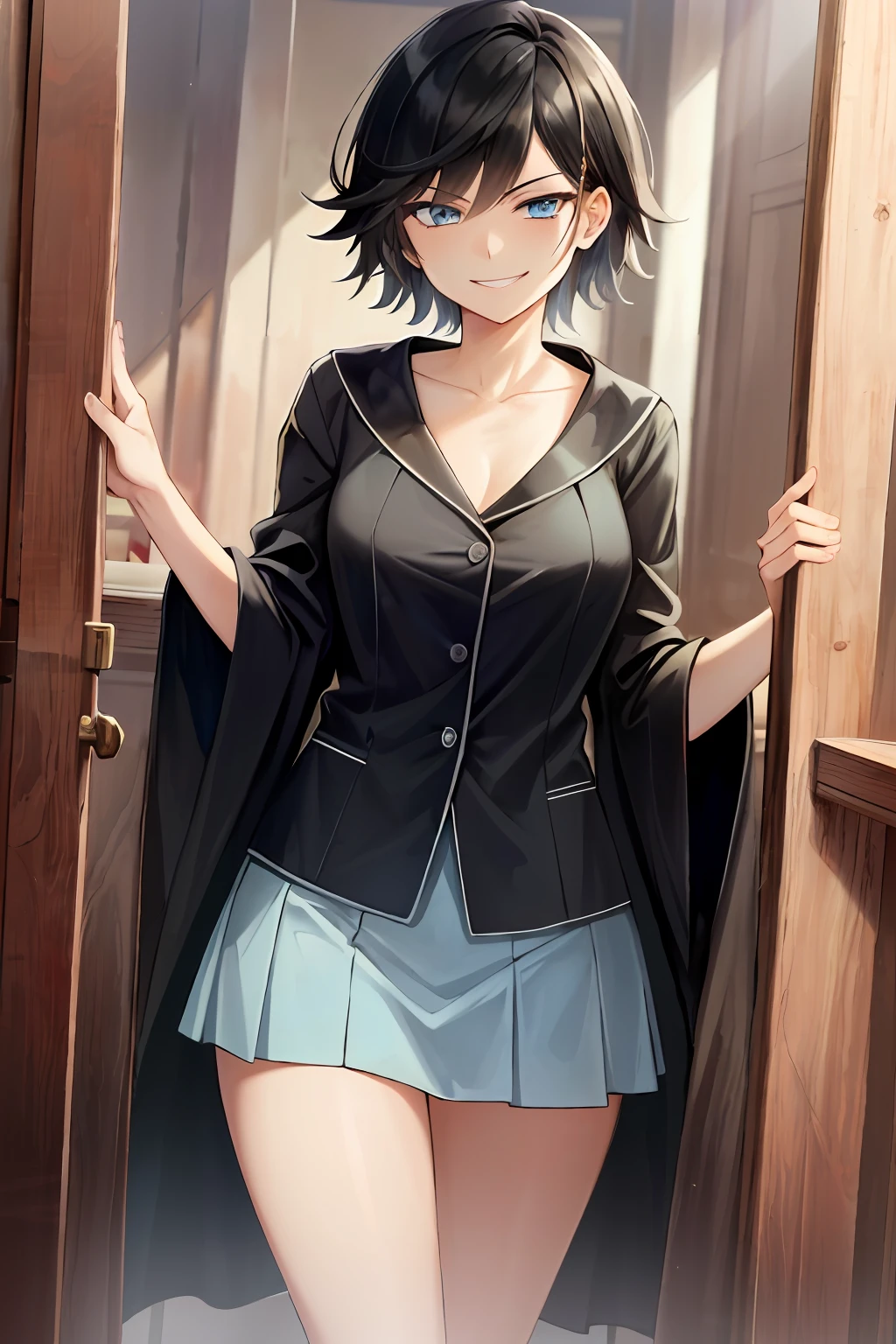 masterpiece, high quality, high resolution, masterpiece, adult woman in one, evil smile, evil smile, evil plan, black hair, bathrobe, short hair, blue eyes, mini skirt, ward, needle