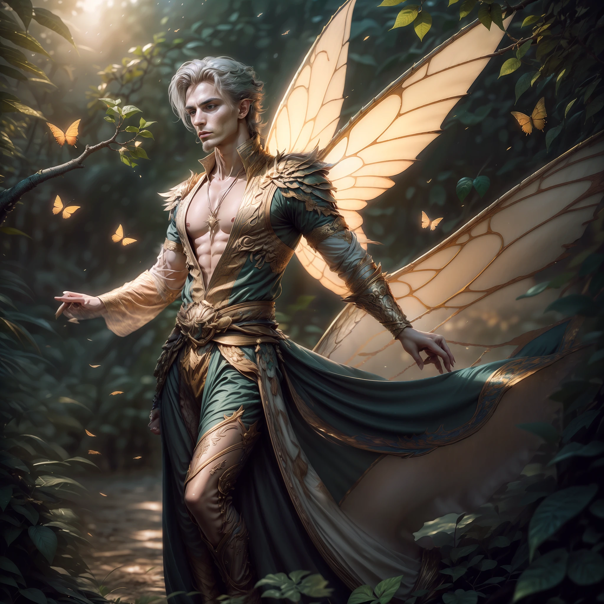 Beautiful male male fairy outfit, long clothes, full body, with orange and gold details, large wings, with butterflies flying through the nose, branches of plants rising up the cheekbones, delicacy, beauty, full body, lush vegetation blurred background, vibrant colors, lush light, soft light, sunset light, smooth light, symmetrical, full body, reflections, dynamic HDR lighting, 8k resolution, cinematic film, smooth, sharp focus, realistic, strobe light beams, ((blurred background)):1.7, (((depth of field)) ):1.8, cinestill 800t 35mm, high quality, heavy grain, high detail, cinematic composition, dramatic light, anamorphic, ultra wide lens, hyperrealistic