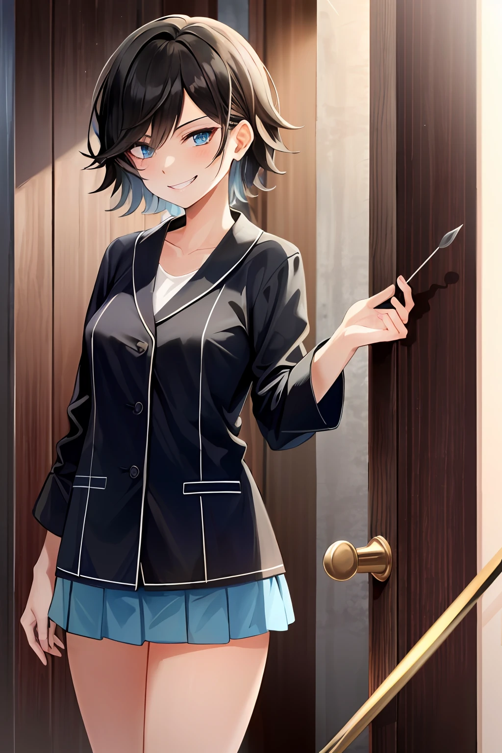 masterpiece, high quality, high resolution, masterpiece, adult woman in one, evil smile, evil smile, evil plan, black hair, bathrobe, short hair, blue eyes, mini skirt, ward, needle