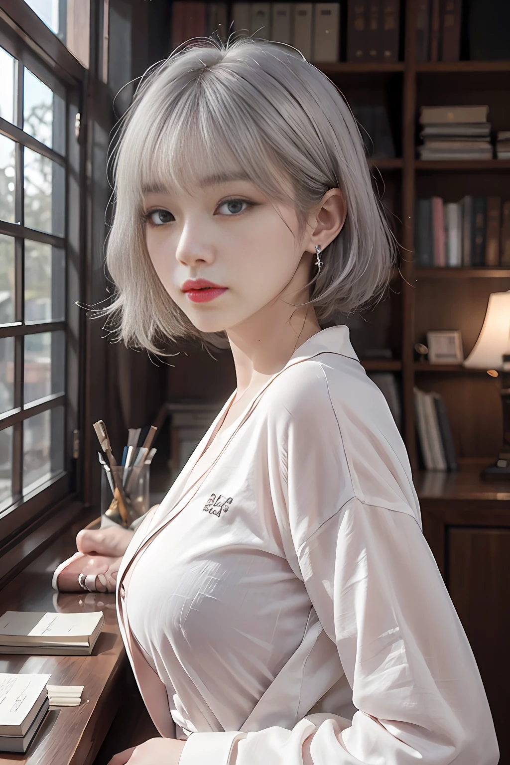 Best image quality, RAW photo, super high resolution, shot from the side, gentle smile, 16 years old Korean, very large breasts, tie, bathrobe, fair skin, shiny white skin, short bob, bright silver hair, bright gray hair, neatly arranged bangs, beautiful eyes, beautiful eyes of random color, very thin lips, beautiful eyes with details, slender eyes, pale pink blush, long eyelashes, beautiful double eyelids, eye shadow, earrings, night school, dim library at night, Stand next to the bookshelf