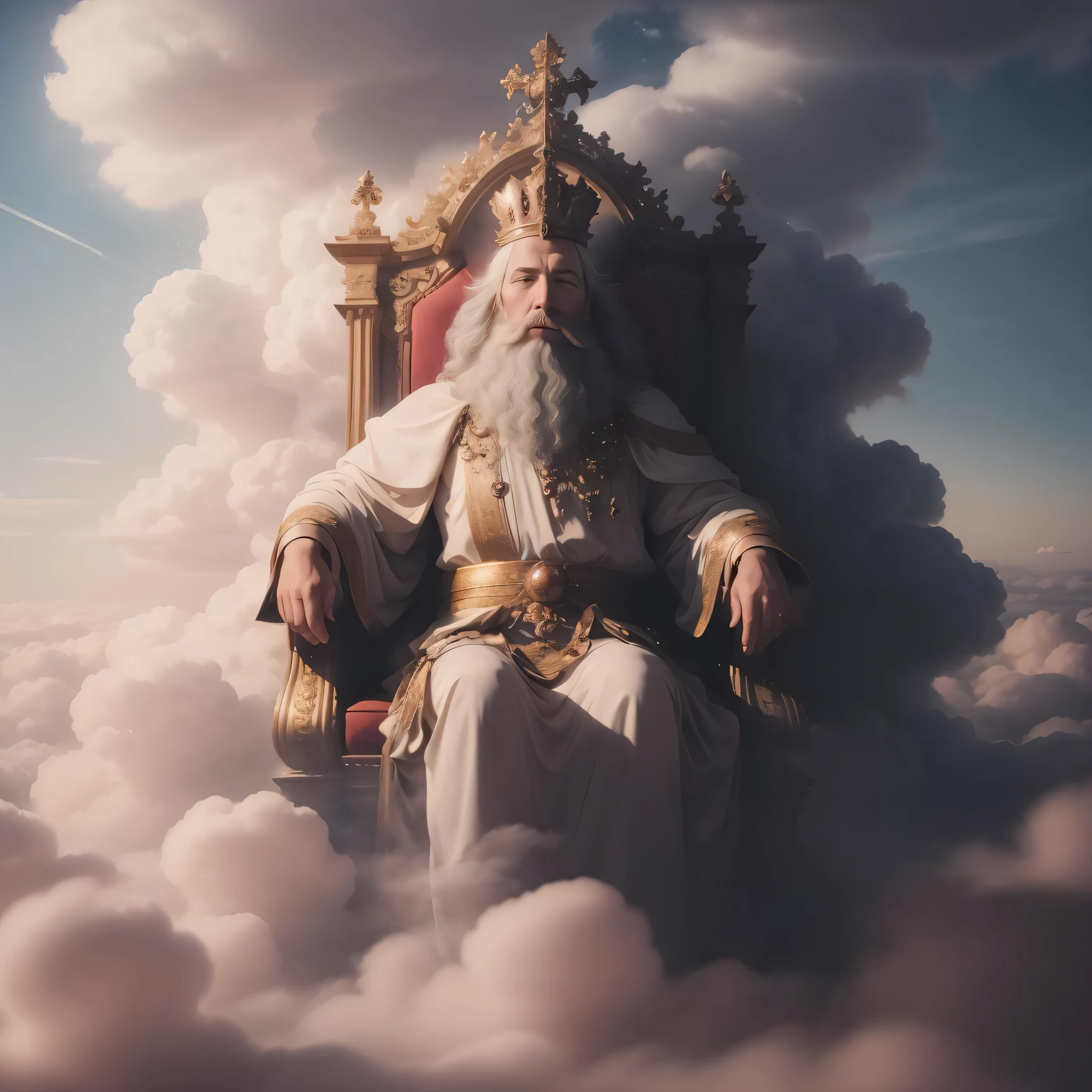 god sitting on a throne above the clouds, cloud