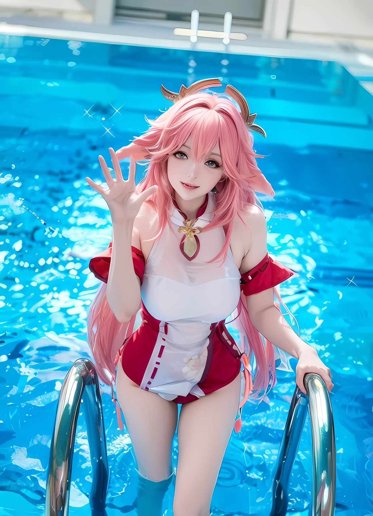 arafed woman in a white and pink outfit standing on a metal railing, anime girl cosplay, anime cosplay, ayaka cosplay, cosplay, anime goddess, humanoid pink female squid girl, zero two, swimsuit, pink twintail hair and cyan eyes, rias gremory, cosplay photo, monokini, is wearing a swimsuit