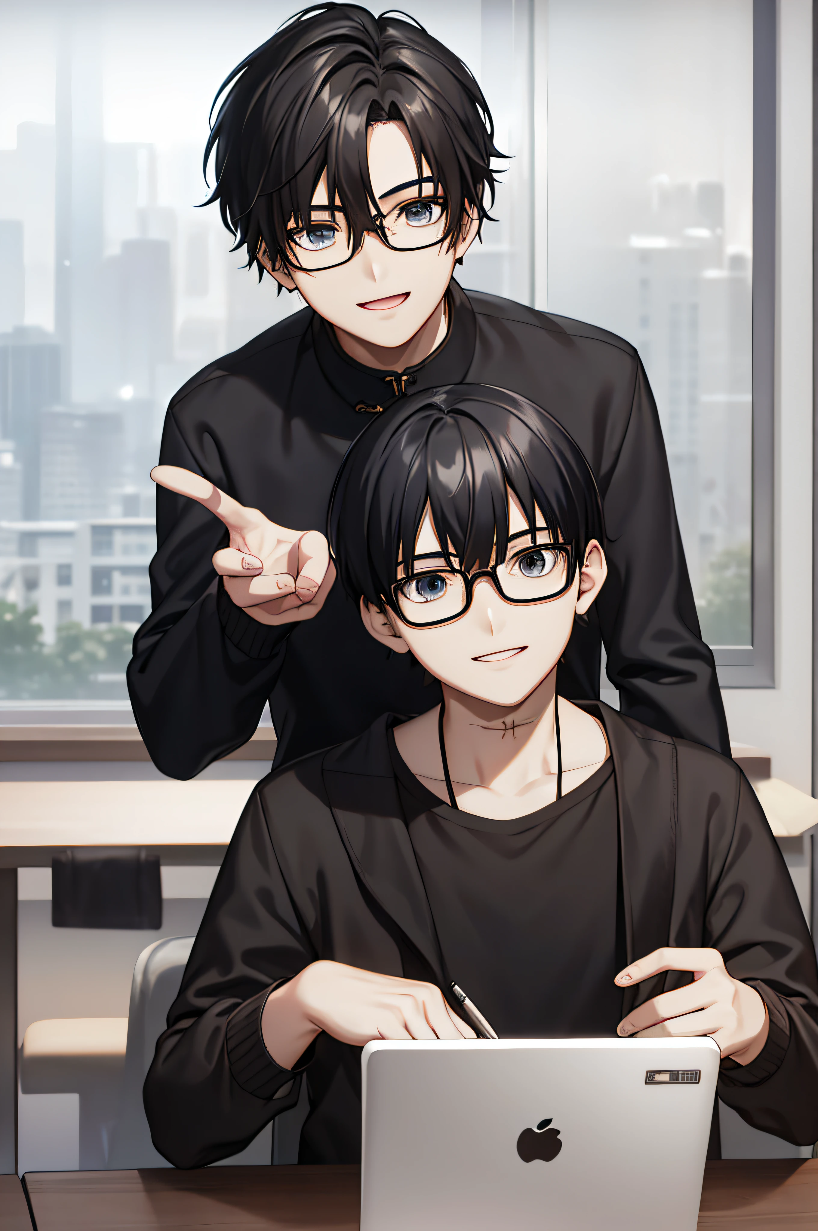 Best quality, high quality CG, a Chinese boy with glasses, black medium black hair, front, literati. smile