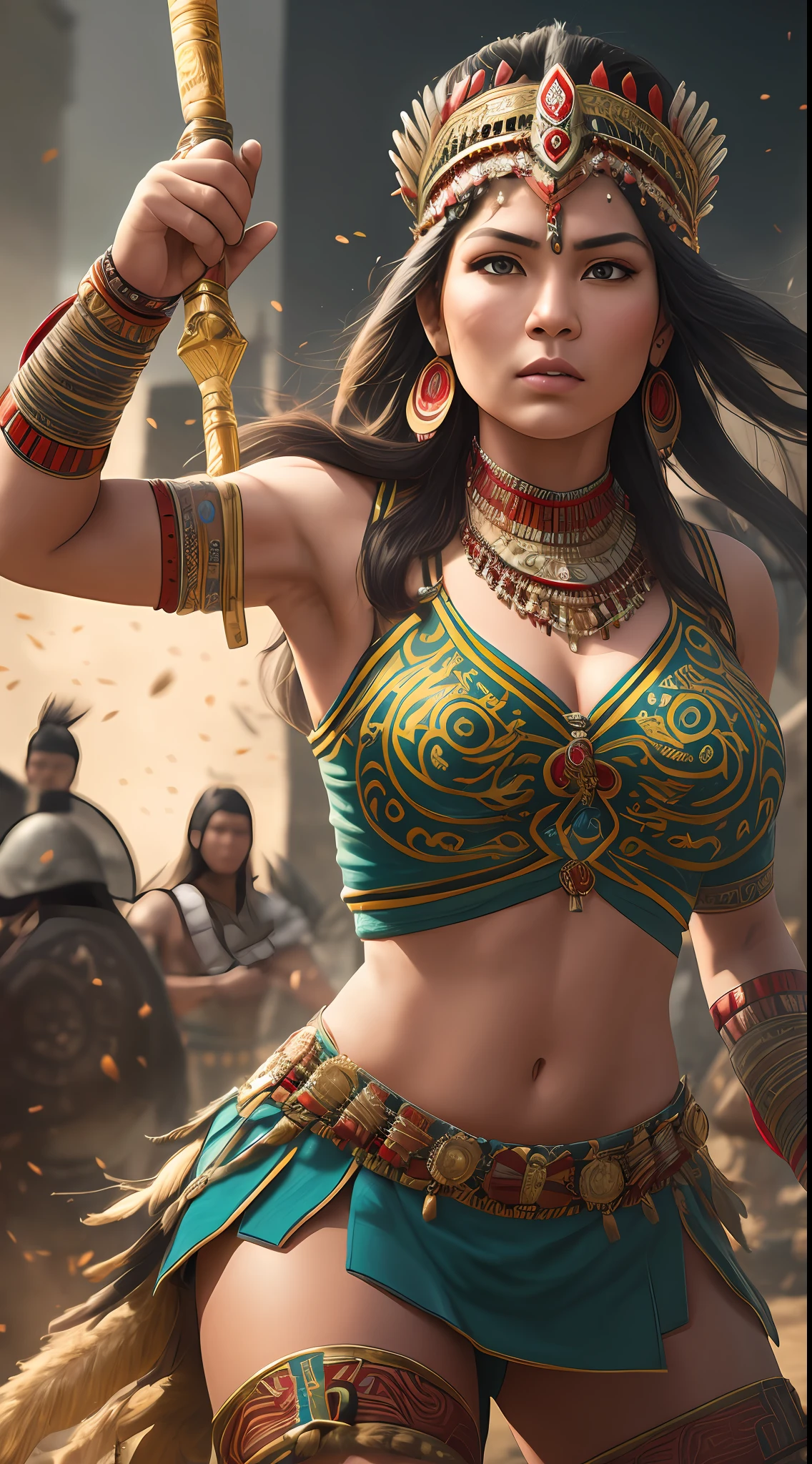 Masterpiece photography, ultra realistic, hyper realistic, hyper details, 4k, 8k, 12k, In the ancient Mayan civilization, a skilled and agile female warrior defends her city-state with a deadly proficiency in hand-to-hand combat. Her intricate headdress and vibrant attire symbolize her status as a revered protector of her people.