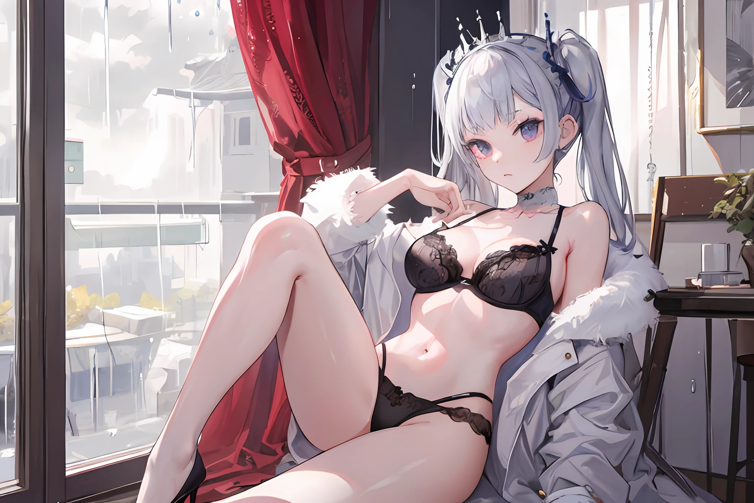 (((masterpiece))), ((best quality)), detailed, solo, Noelle Silva, lingerie, stockings, seductive pose, (rain), chest curtains,