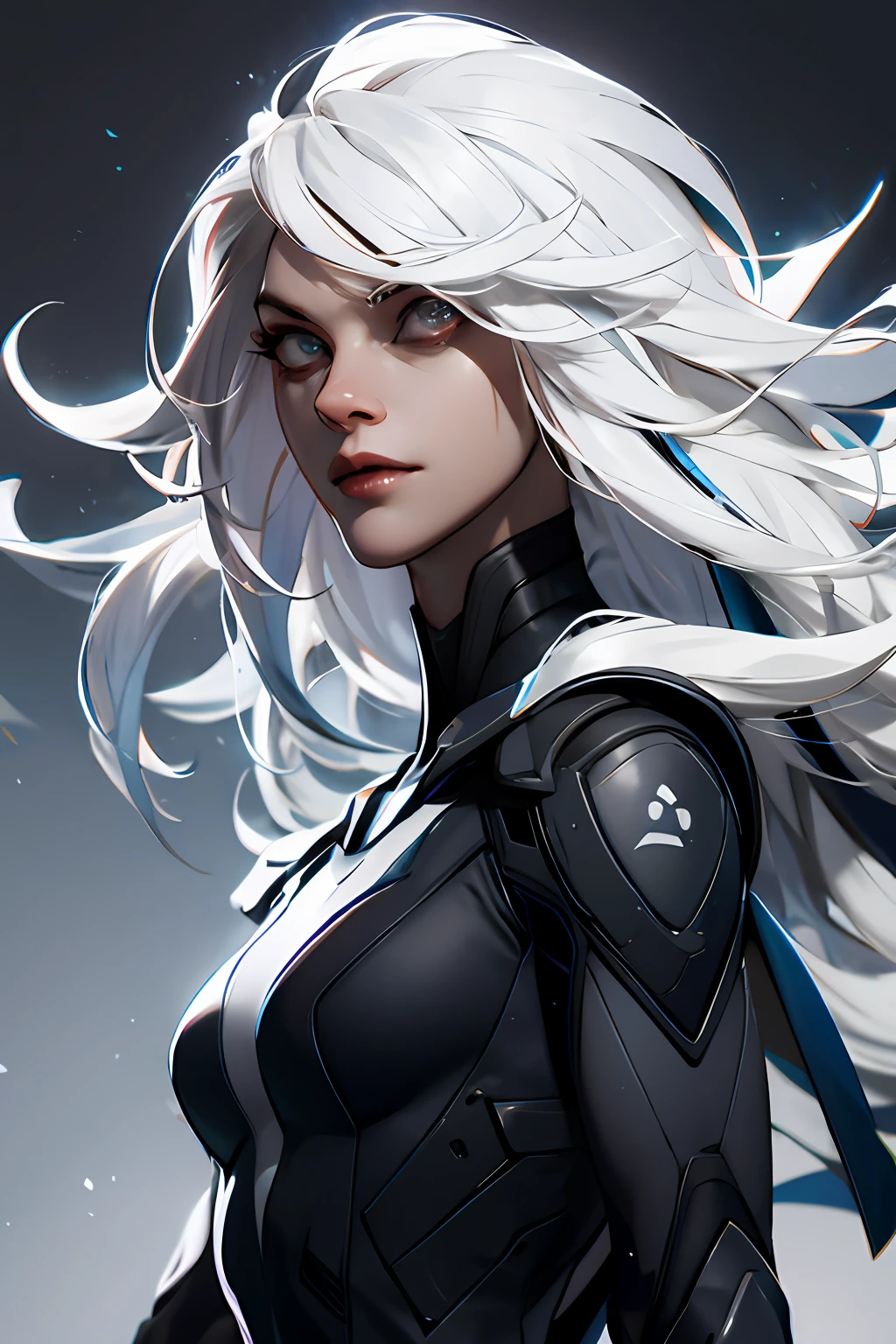 Super Heroine, black suit, white hair, UHD, solid circle eyes, anatomically correct