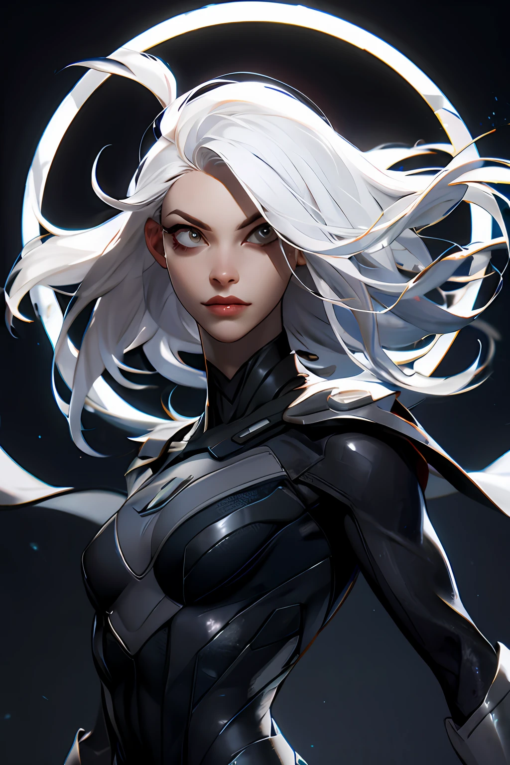 Super Heroine, black suit, white hair, UHD, solid circle eyes, anatomically correct