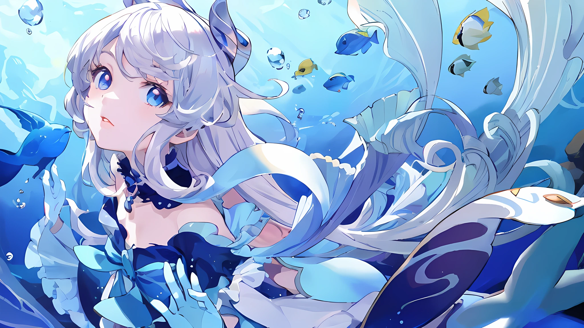 anime girl with long white hair and blue dress in water, splash art anime loli, wallpaper anime blue water, loish |, closeup fantasy with water magic, detailed anime art, detailed fanart, detailed digital anime art, detailed key anime art, in the sea, official illustration, zerochan art, digital art on pixiv, pixiv, high detailed official artwork