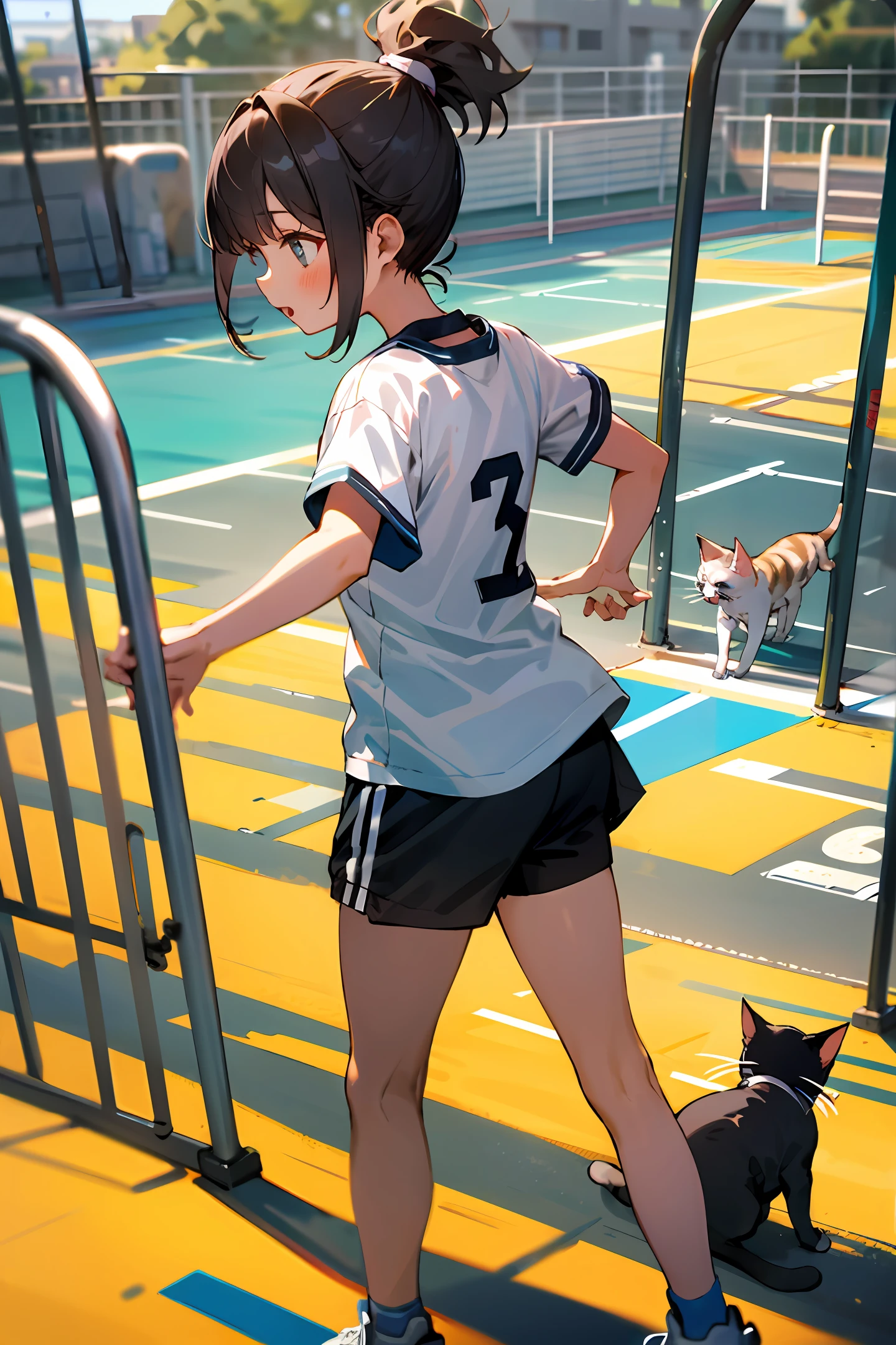Sportswear, high ponytail, playground, little girl, cat