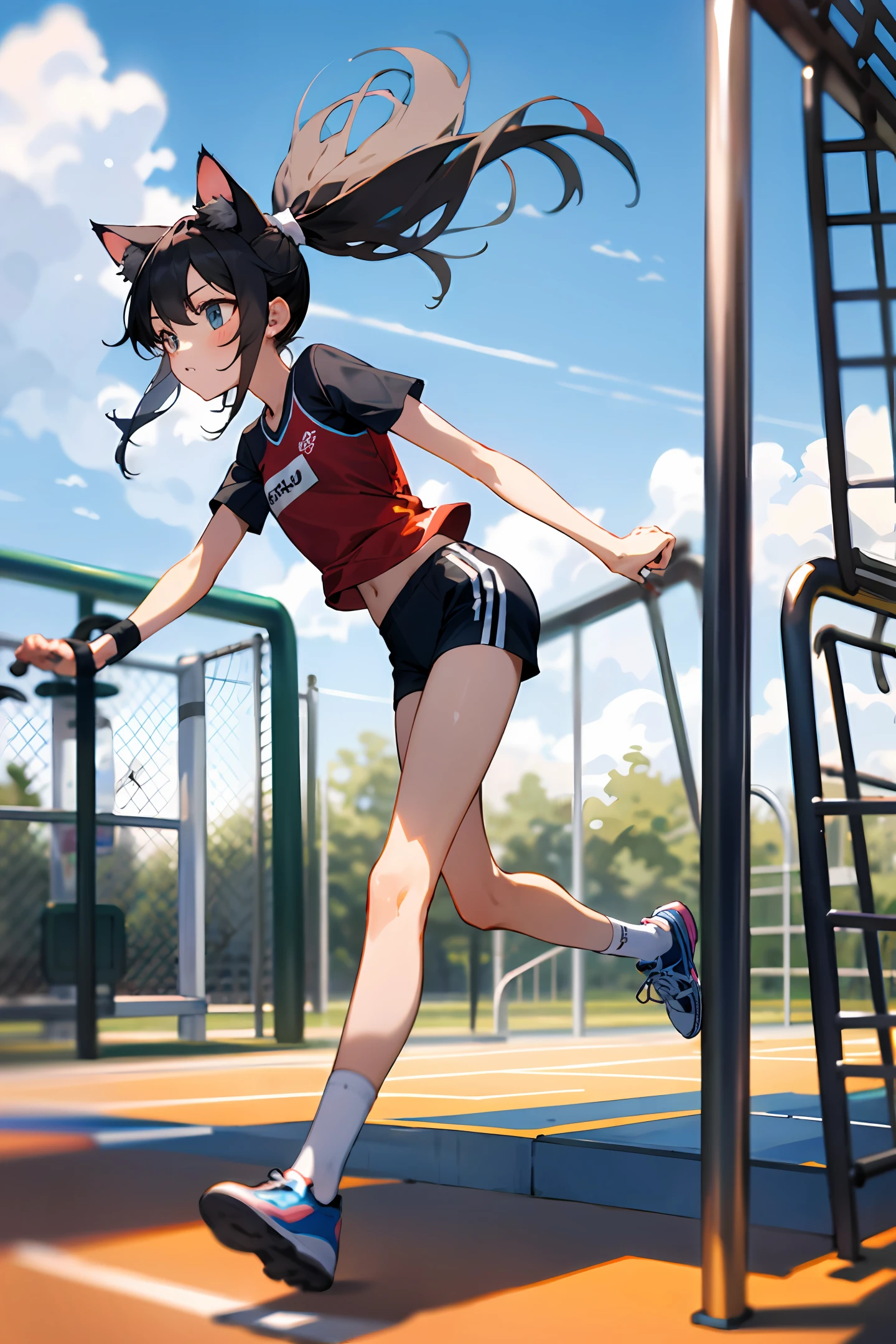 Sportswear, high ponytail, playground, little girl, cat