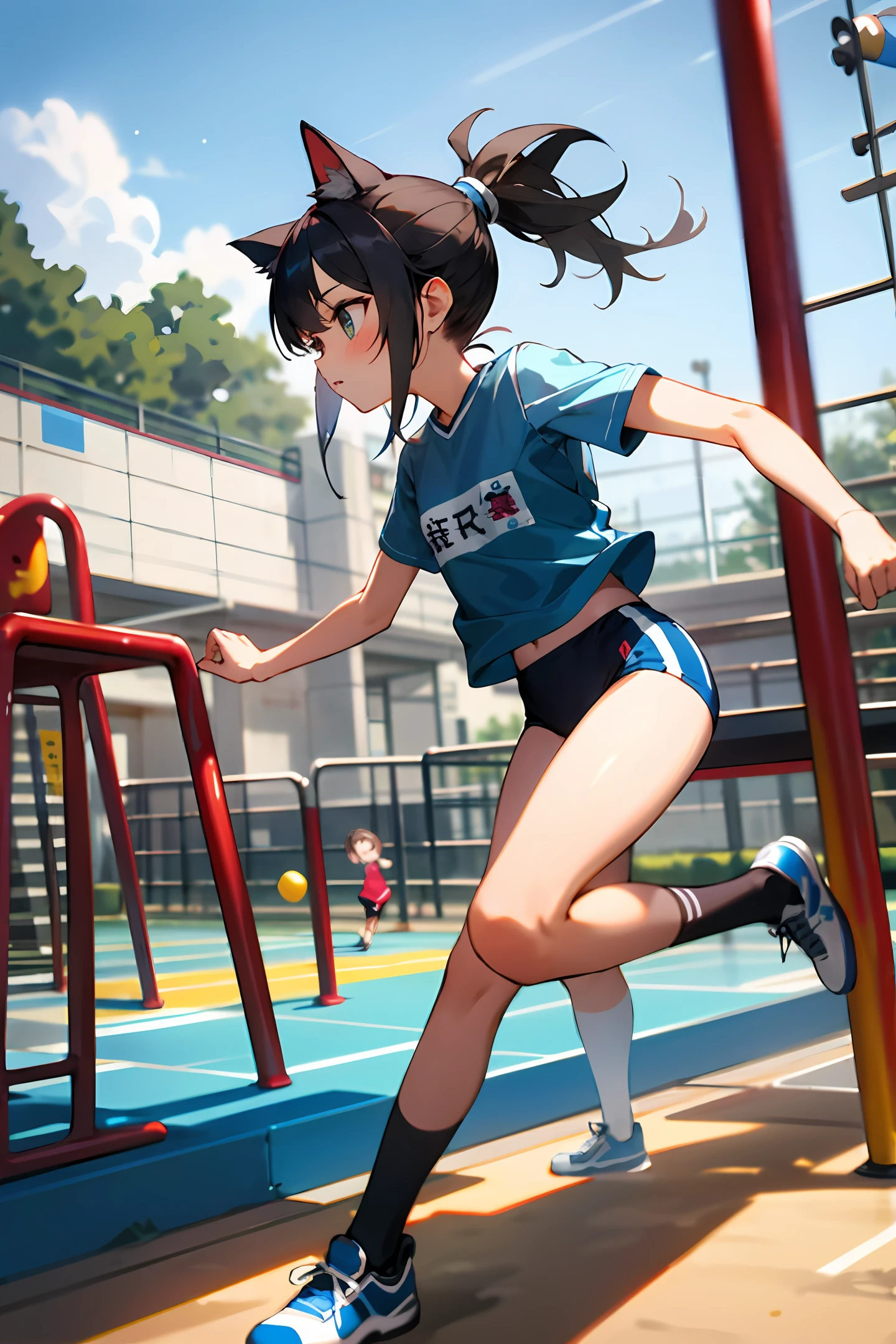 Sportswear, high ponytail, playground,  girl, cat