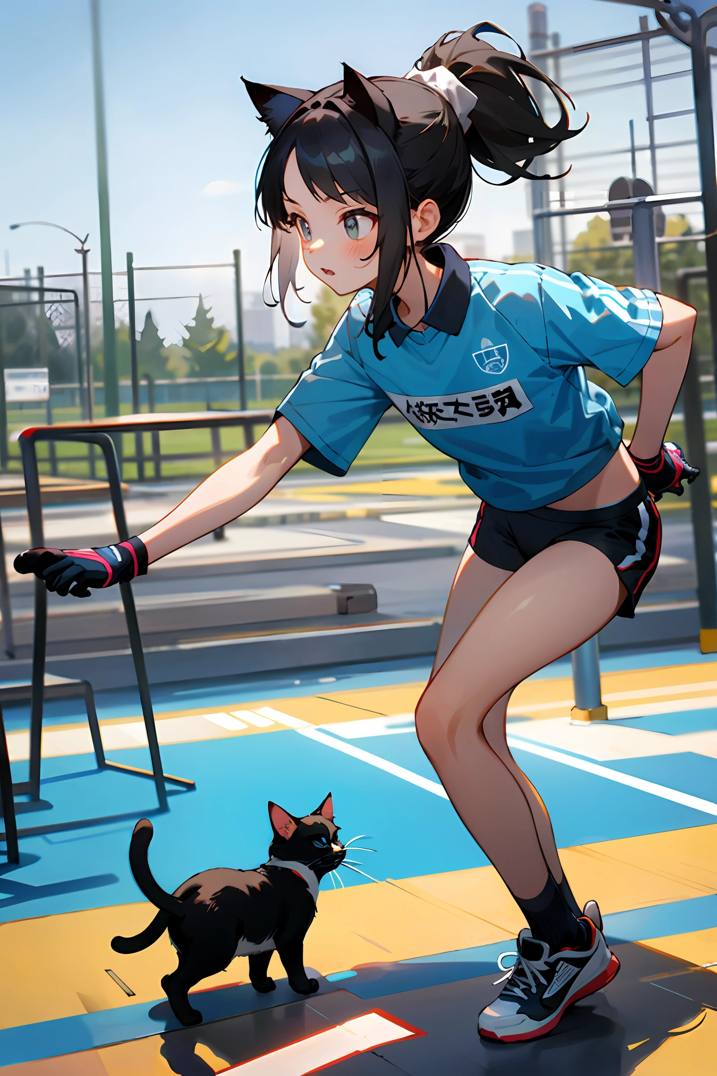 Sportswear, high ponytail, playground, little girl, cat