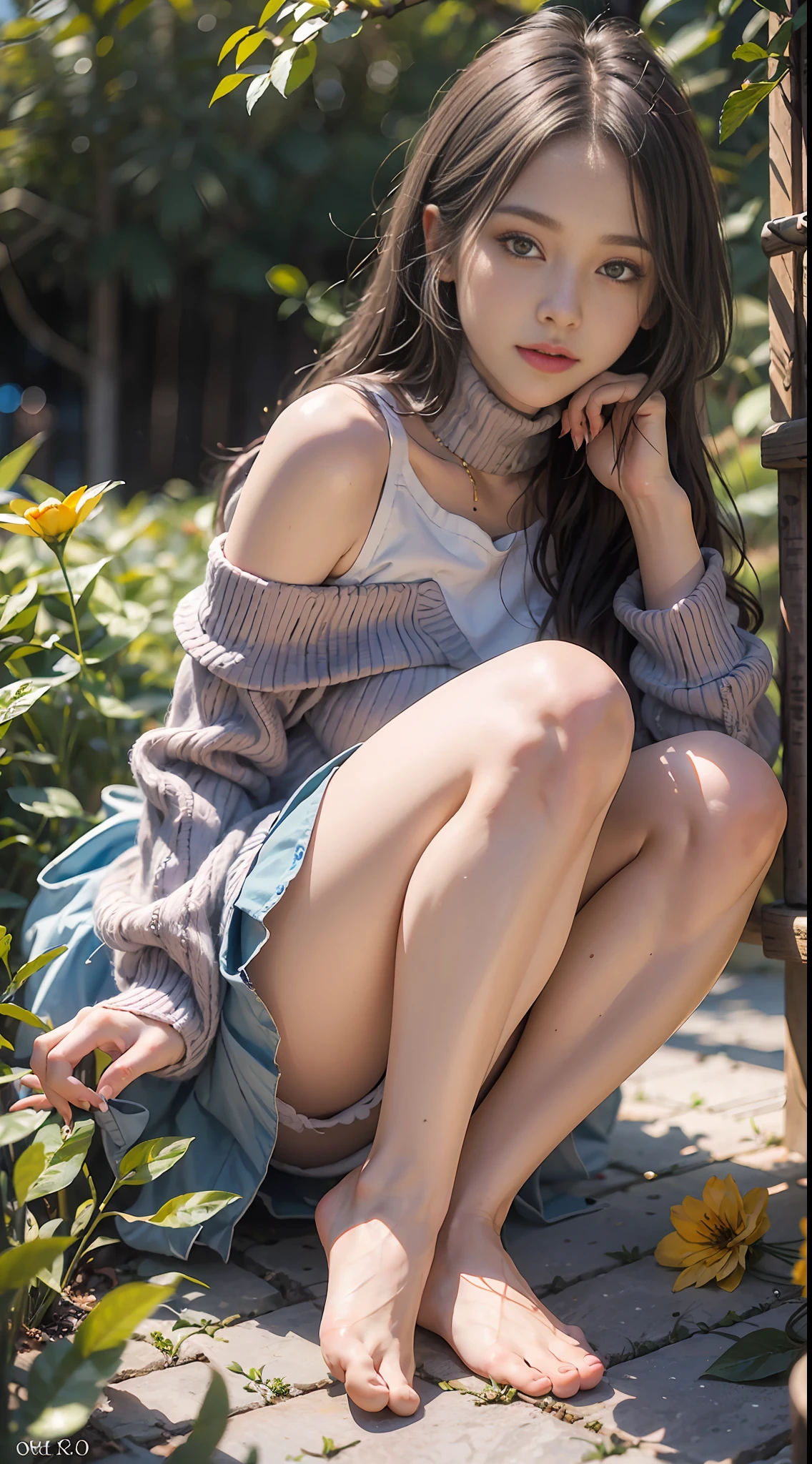 (8k, RAW photos, best quality, Masterpiece: 1.3), (realistic, photo realistic: 1.27), intricate details, (1 16 year old girl), sitting, solo, off-the-shoulder, (summer fashion: 1.4), (purple shirt: 1.2), long sleeves, thin skin, long black hair, (perfect body type: 1.4), full body, dynamic pose, delicate eyes, black eyes, (bare legs: 1.8), barefoot, exposed leg skin, (insect eye view: 1.2), (from below: 1.2), (yellow flower sea), white short skirt,
Cool pose,
8k UHD, HDR, extremely refined and beautiful, outside, purple garden, grapefruit, purple high heels, (shiny skin), movie lights, turtleneck shirt, incredible tights,