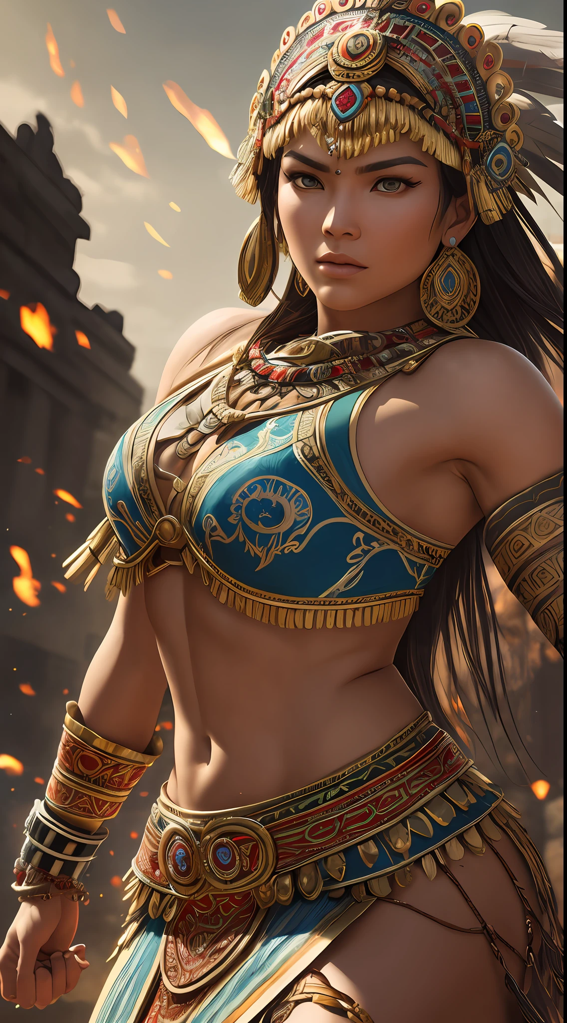 Masterpiece photography, ultra realistic, hyper realistic, hyper details, 4k, 8k, 12k, In the ancient Mayan civilization, a skilled and agile female warrior defends her city-state with a deadly proficiency in hand-to-hand combat. Her intricate headdress and vibrant attire symbolize her status as a revered protector of her people.
