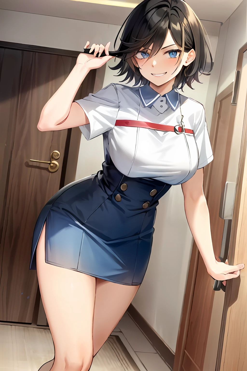 masterpiece, top quality, high resolution, masterpiece, adult woman in one, evil smile, evil smile, evil plan, black hair, white nurse uniform, short hair, blue eyes, mini skirt, hospital room, holding key