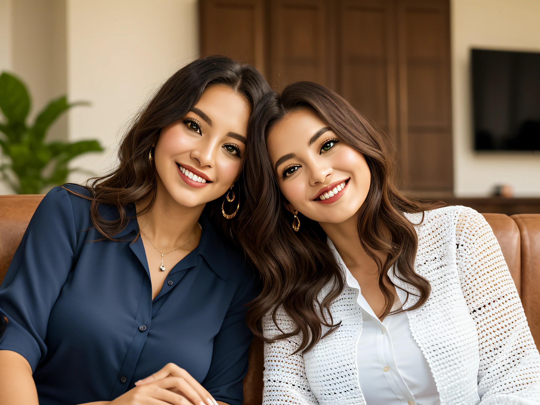 There are two women (((Latina))), sitting on a brown leather sofa, smiling for the camera, two beautiful women, looking partially to the left, Sandra Chevier, large breasts, (green eyes: 1.6), green eyes, brown eyes, (short hair: 1.5), (long hair: 1.5), blonde hair, black hair, (white shirt: 1.3), (navy blue crochet blouse: 1.2), photo taken in 2018, living room, central image, photographic portrait, having fun, having fun, realistic photo