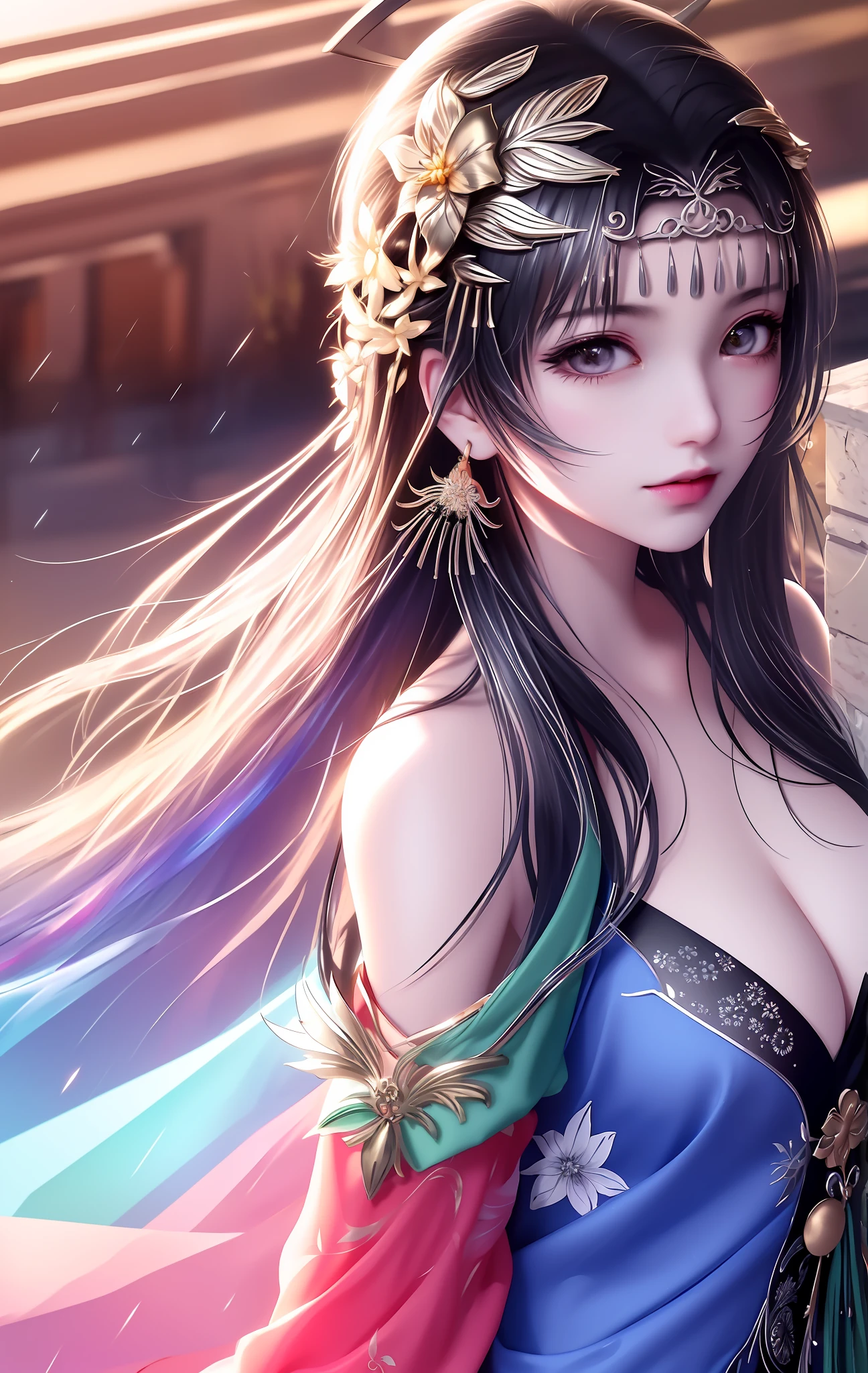 dramatic angle,(fluttered detailed color splashs), (illustration),(((1 girl))),(long hair),(rain:0.9),(hair ornament:1.4),there is an ancient palace beside the girl,chinese clothes,(focus on), color Ink wash painting,(color splashing),colorful splashing,(((colorful))),(sketch:0.8), Masterpiece,best quality, beautifully painted,highly detailed,(denoising:0.6),[splash ink],((ink refraction)), (beautiful detailed sky),moon,highly,detaild,(masterpiece, best quality, extremely detailed CG unity 8k wallpaper,masterpiece, best quality, ultra-detailed),(Lycoris radiata)