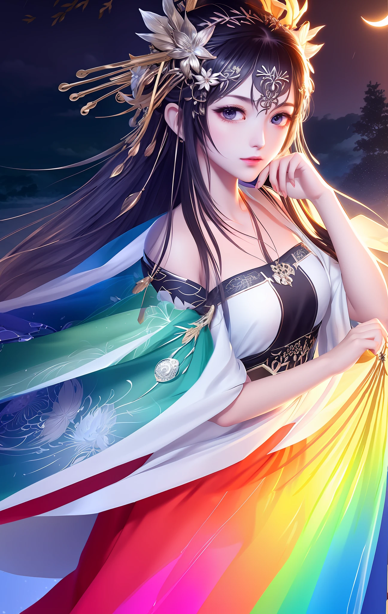 dramatic angle,(fluttered detailed color splashs), (illustration),(((1 girl))),(long hair),(rain:0.9),(hair ornament:1.4),there is an ancient palace beside the girl,chinese clothes,(focus on), color Ink wash painting,(color splashing),colorful splashing,(((colorful))),(sketch:0.8), Masterpiece,best quality, beautifully painted,highly detailed,(denoising:0.6),[splash ink],((ink refraction)), (beautiful detailed sky),moon,highly,detaild,(masterpiece, best quality, extremely detailed CG unity 8k wallpaper,masterpiece, best quality, ultra-detailed),(Lycoris radiata)