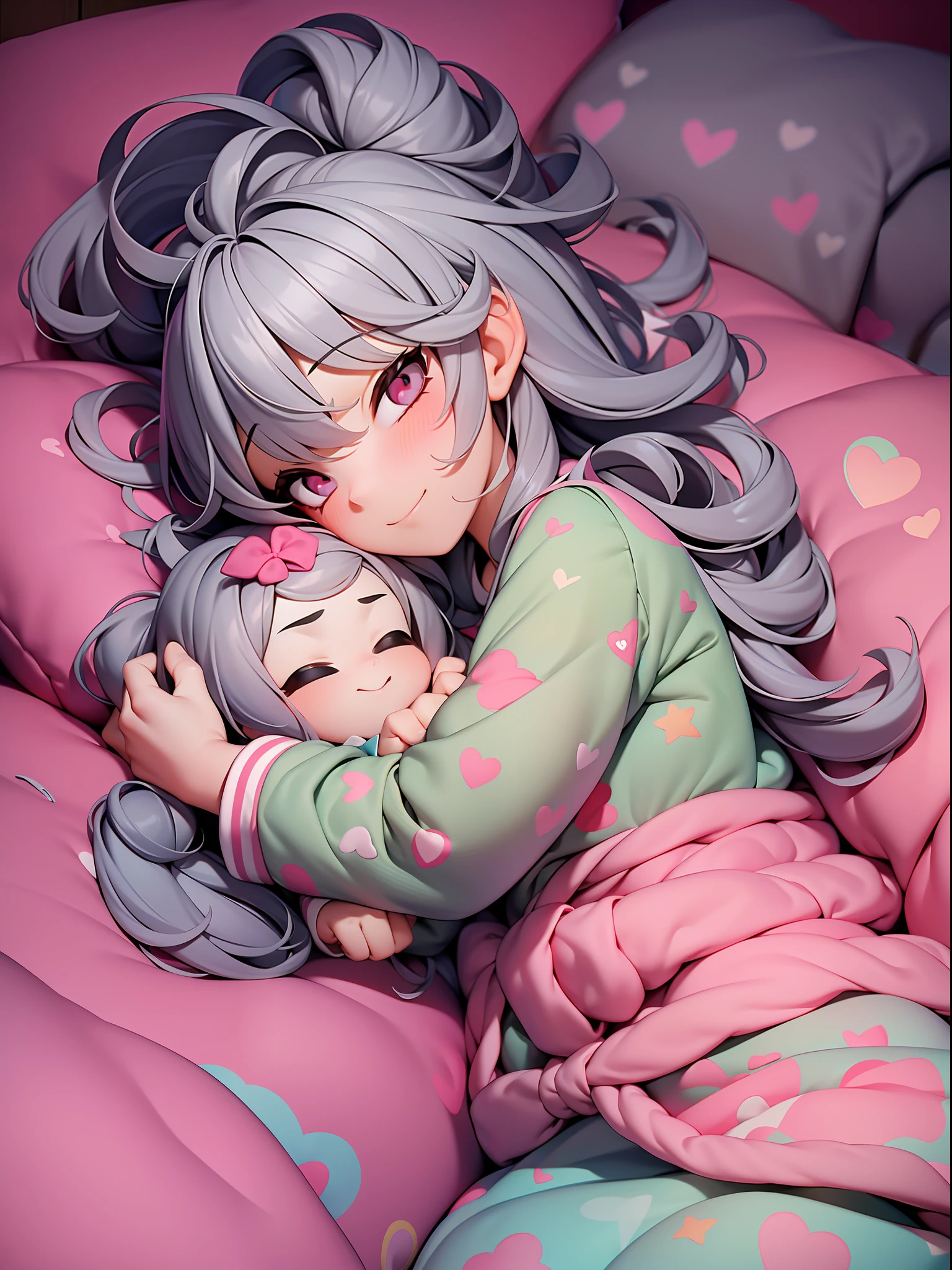 An adorable girl is sleeping peacefully on the couch, wrapped in extremely cute pajamas. Your pajamas are made of a soft and cozy fabric, in a soft color and with charming prints, such as hearts, stars or cute animals. She's lying on her side, hugging her favorite pillow, with a serene smile on her face. Her hair is slightly messy, giving her an even more charming look. Next to her is a fluffy, colorful blanket that keeps her warm in her sleep. The living room is illuminated by a soft light, providing a quiet and relaxing atmosphere. The girl conveys a sense of serenity and peace while lounging in the comfort of the couch.