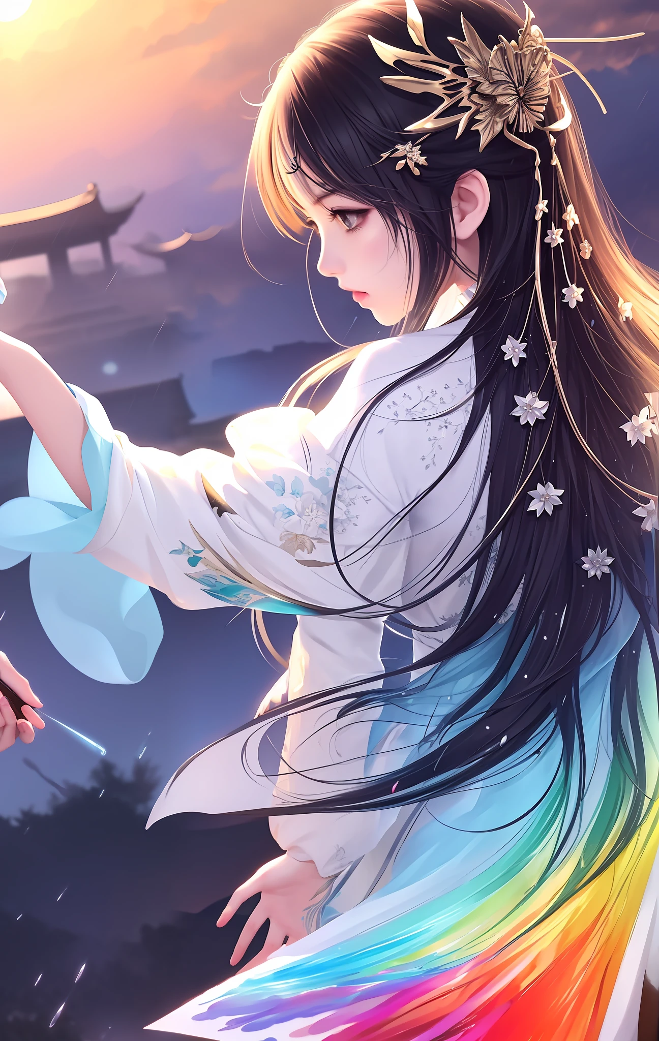 dramatic angle,(fluttered detailed color splashs), (illustration),(((1 girl))),(long hair),(rain:0.9),(hair ornament:1.4),there is an ancient palace beside the girl,chinese clothes,(focus on), color Ink wash painting,(color splashing),colorful splashing,(((colorful))),(sketch:0.8), Masterpiece,best quality, beautifully painted,highly detailed,(denoising:0.6),[splash ink],((ink refraction)), (beautiful detailed sky),moon,highly,detaild,(masterpiece, best quality, extremely detailed CG unity 8k wallpaper,masterpiece, best quality, ultra-detailed),(Lycoris radiata)