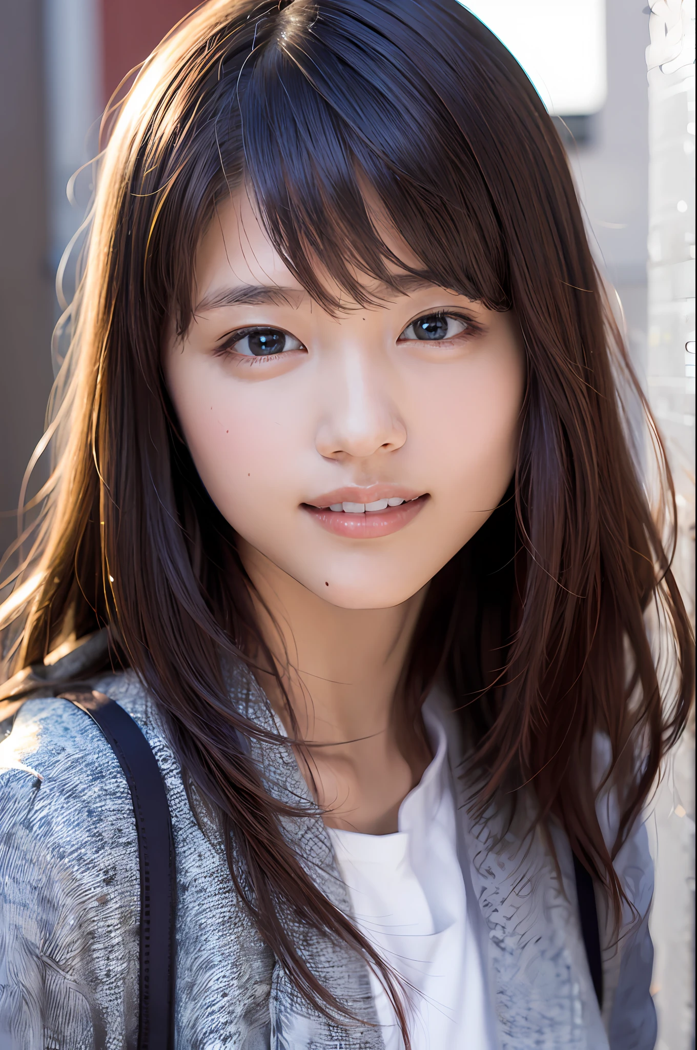 (8k, RAW photo, top quality, masterpiece: 1.2), (realistic, photorealistic: 1.37), ultra detail, ultra high resolution, one girl, beholder, beautiful detailed face, smile, constriction, (slim waist): 1.3), school uniform, beautiful detailed skin, skin texture, floating hair, professional lighting,