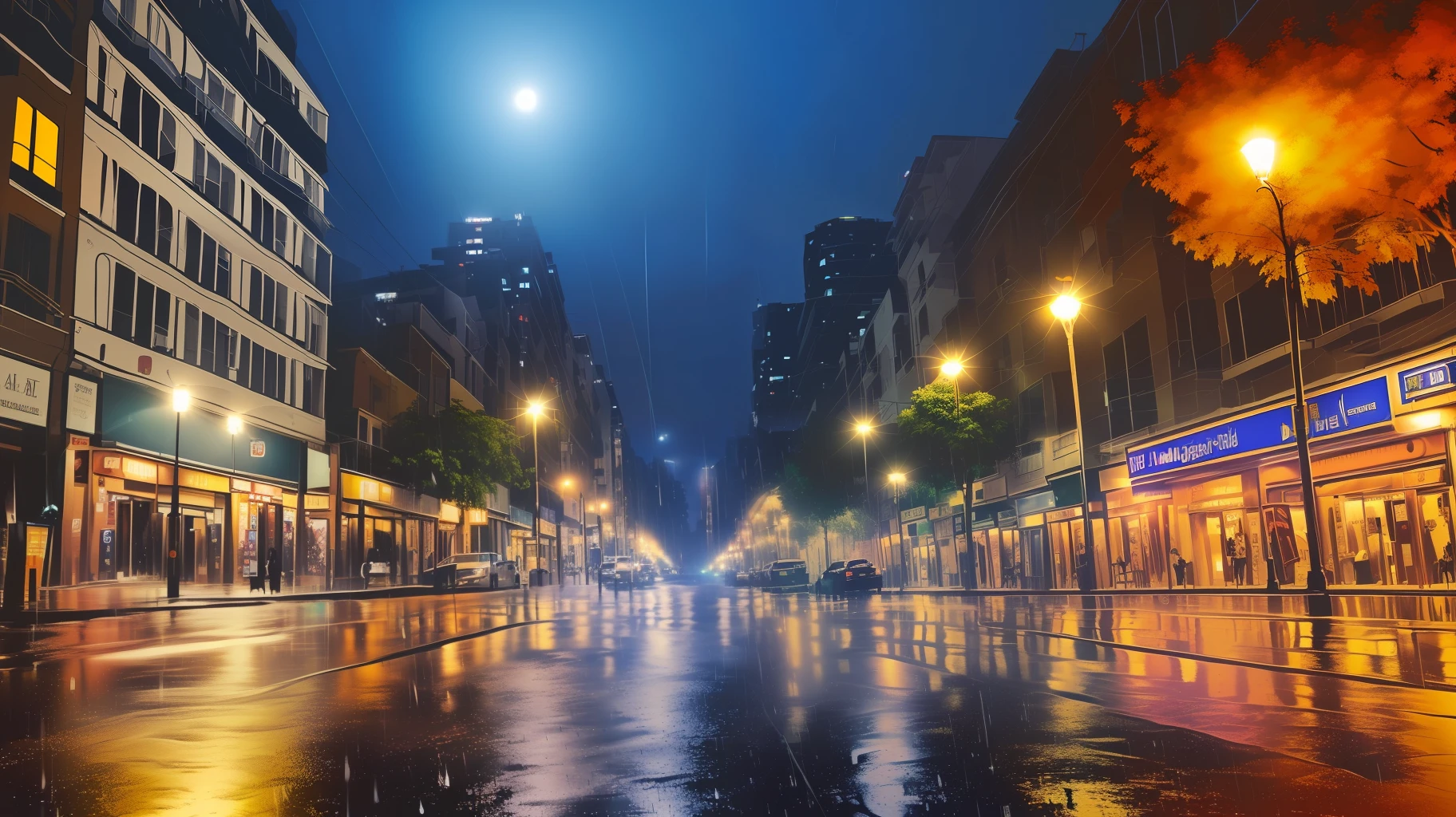 Rounded view of a street with a car parked on the side of the road, rainy night city street, torrentially raining is night and raining a lot, rainy night, rainy streets in the background, raining at night, night heavy rain, city at night in rain, rainy night, rainy city at night, deserted wet street at night, wet streets, on a street at night --auto --s2