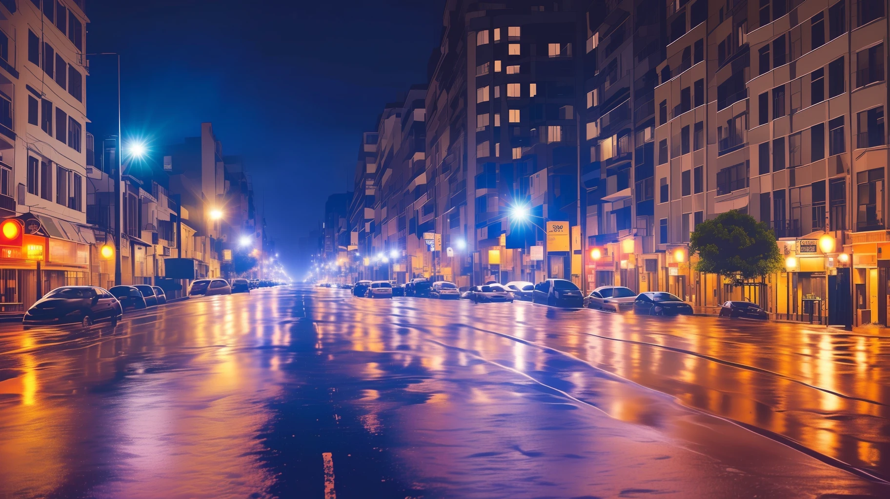 Rounded view of a street with a car parked on the side of the road, rainy night city street, torrentially raining is night and raining a lot, rainy night, rainy streets in the background, raining at night, night heavy rain, city at night in rain, rainy night, rainy city at night, deserted wet street at night, wet streets, on a street at night --auto --s2