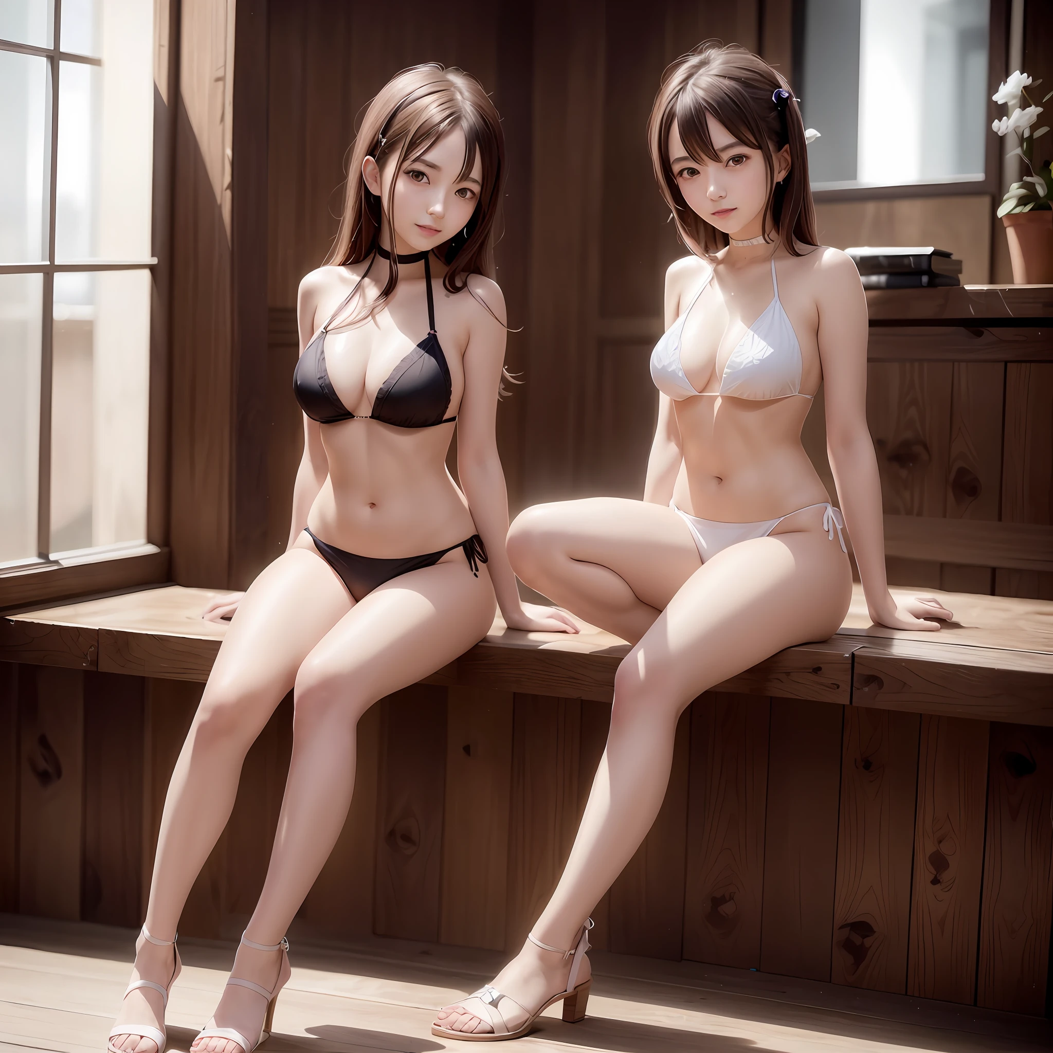 two women in bikinis sitting on a wooden bench in a room, two beautiful anime girls, realistic young gravure idol, realistic bikini, anime girls, posing together in bra, wlop and sakimichan, ayami kojima and lyde caldwell, cute bikini, girls resting, two japanese schoolgirls posing, photorealistic anime