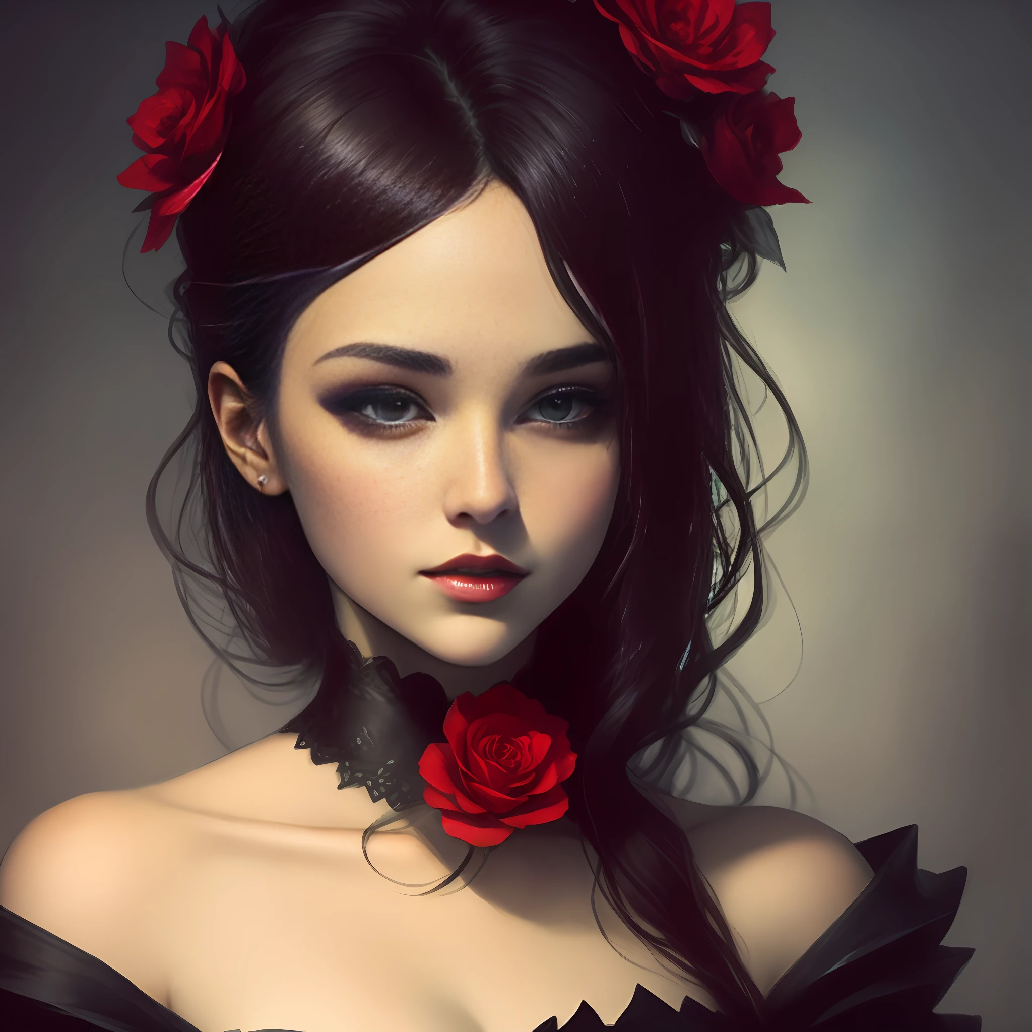 full body shot, red gothic dress on black, there is a woman with a red flower in her hair, cute face. dark fantasy, in the art style of bowater, inspired by WLOP, artwork in the style of guweiz, loish and wlop, in style of wlop, gorgeous digital painting, fantasy art portrait, fantasy portrait, beautiful fantasy art portrait, artgerm portrait