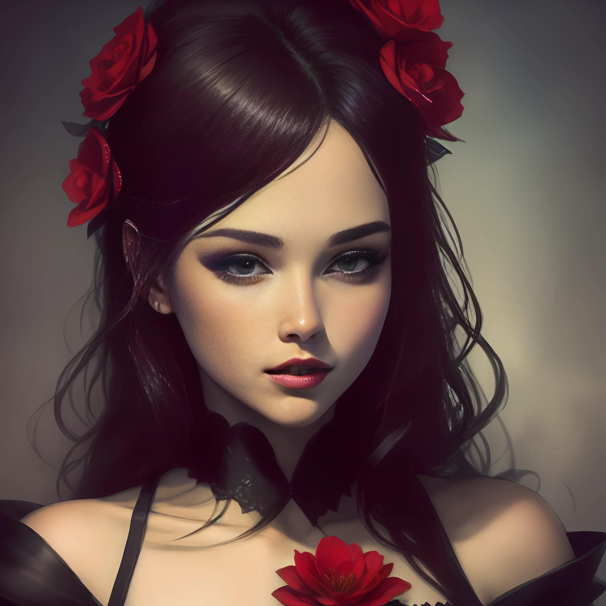 full body shot, red gothic dress on black, there is a woman with a red flower in her hair, cute face. dark fantasy, in the art style of bowater, inspired by WLOP, artwork in the style of guweiz, loish and wlop, in style of wlop, gorgeous digital painting, fantasy art portrait, fantasy portrait, beautiful fantasy art portrait, artgerm portrait