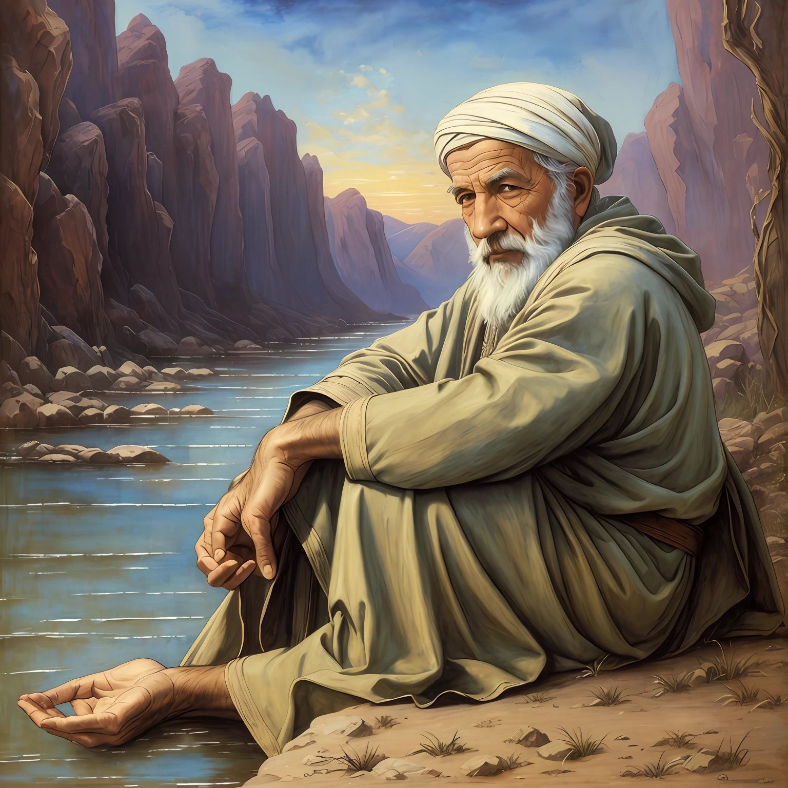 john the baptist dressed in rustic clothes, sitting by the river Jordan, looking straight ahead. 4K Photography --AR 3:2 --auto