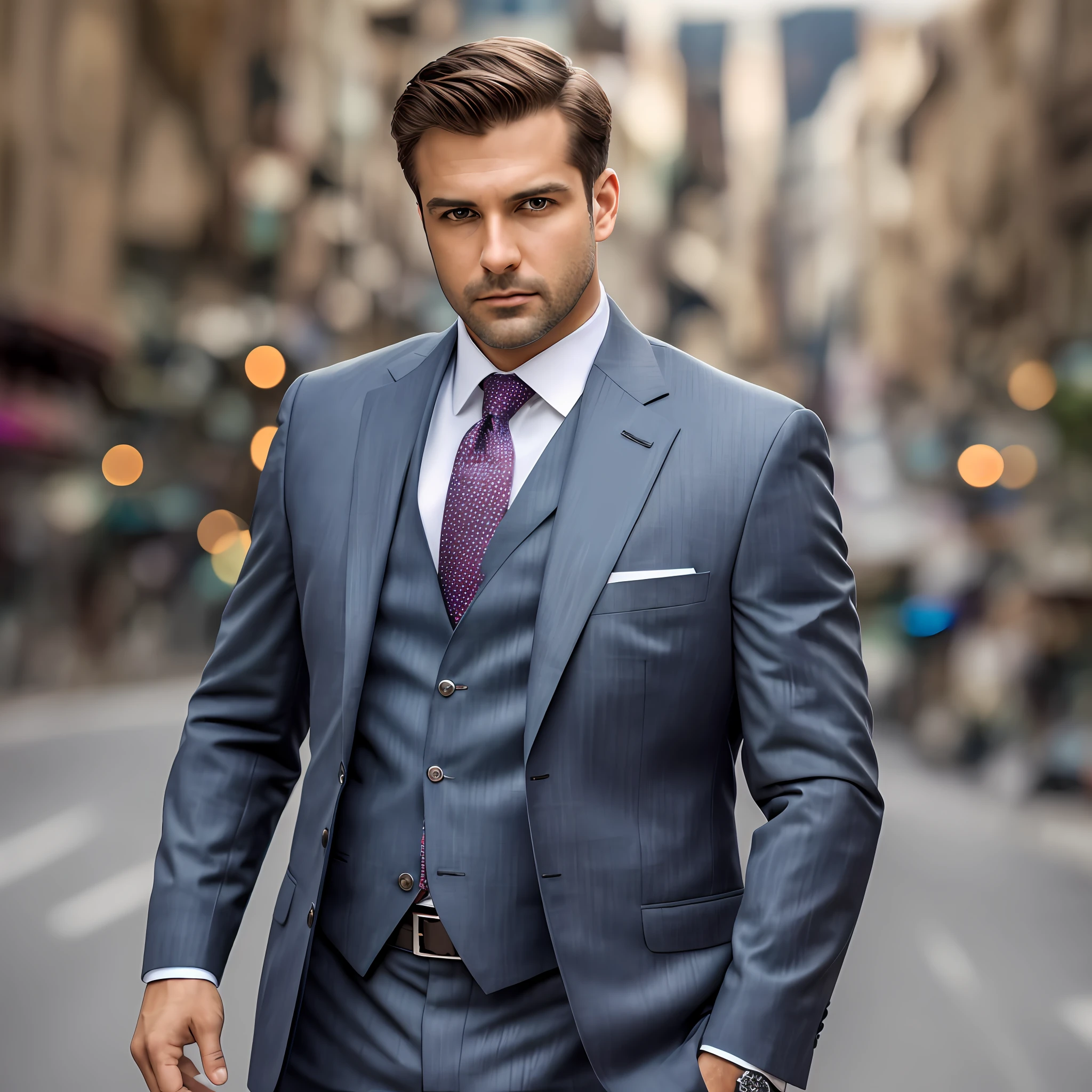 a Man standing with 30 years in suit and tie, body and head straight in the photo, facing the viewer of the photo, eyes fixed to the lens, appears shoulders and head in the photo, man centered in the photo, 8k, best quality, masterpiece, realistic, realistic photo, movie photo, ultra realistic, 1 person, detailed, perfect lighting,  DSRL, professional photo, 4k --auto --s2